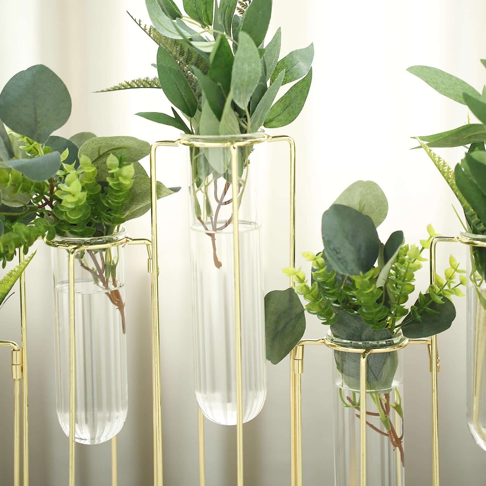 Set of 5 Wedding Centerpieces Gold Frame Conjoined Geometric Design - Test Tube Hydroponic Vases 12"