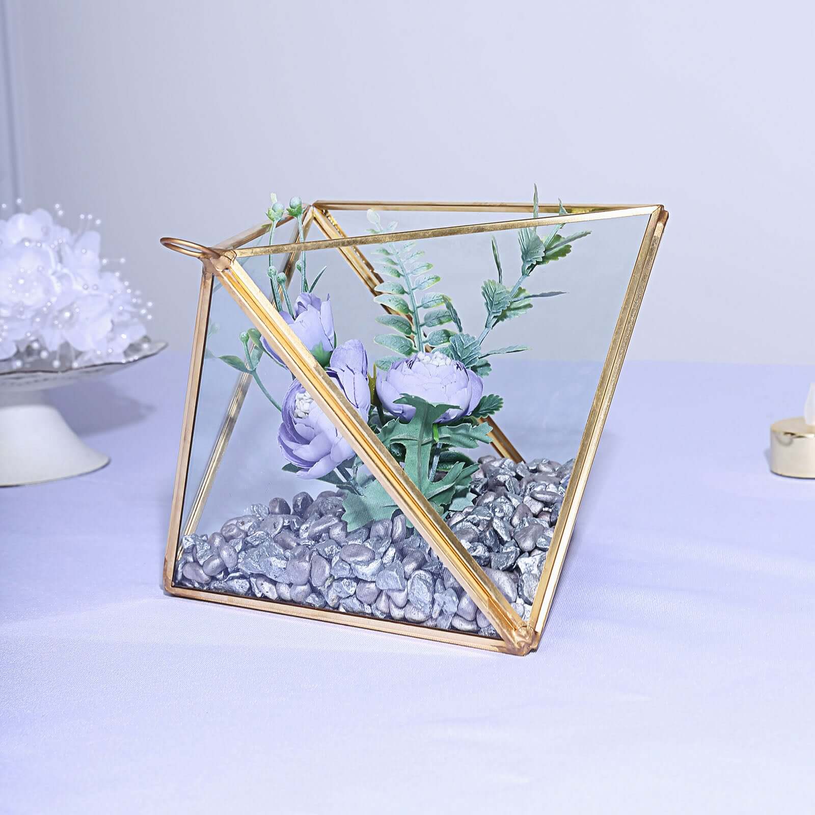 Glass Terrarium Hanging Diamond Prism Design Metal Gold - Geometric Holder for Air Plants & Displays 9"