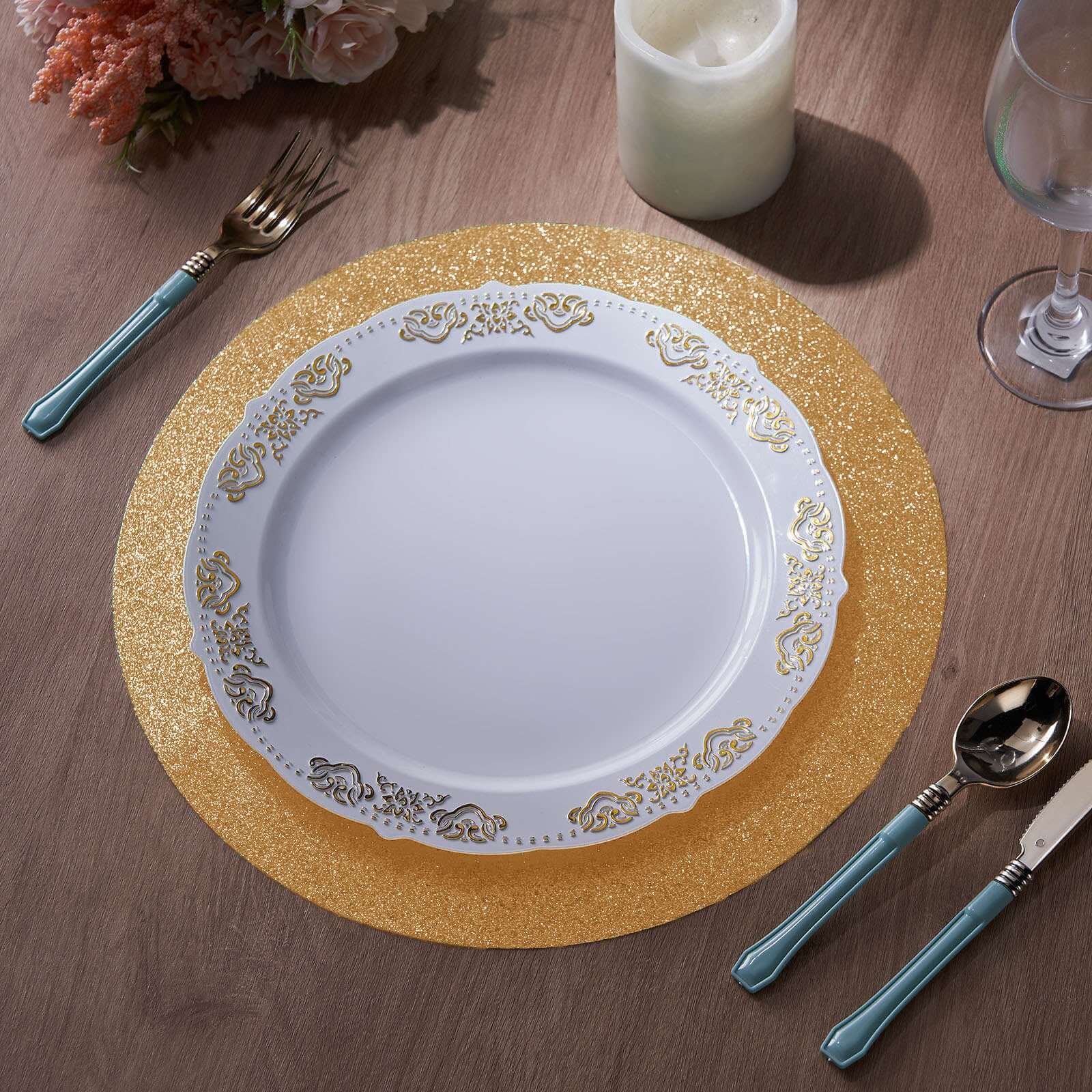 6-Pack Placemats Glitter Design Champagne Sparkle Round - Non-Slip Decorative Dining Table Mats 13"