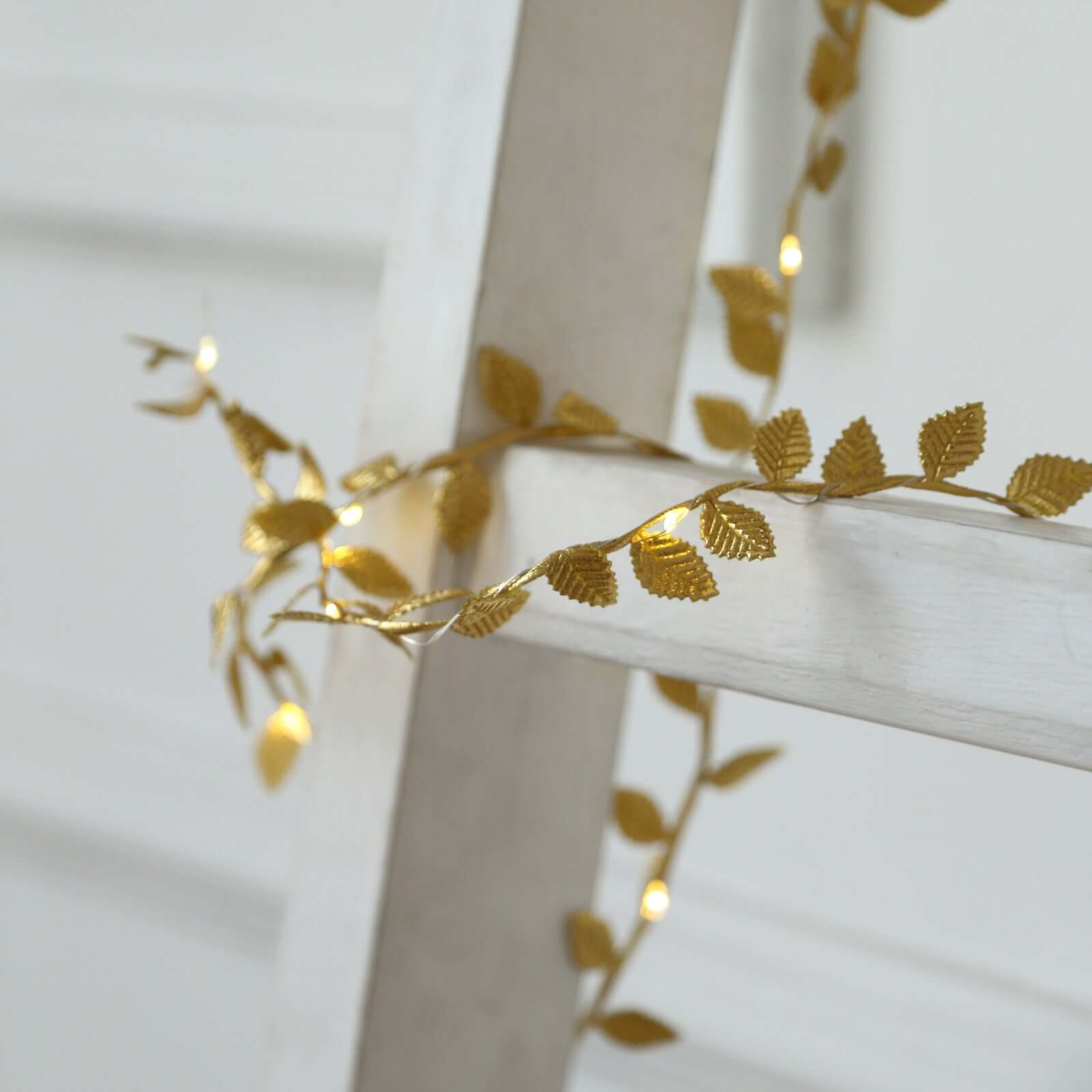 40 LED Garland String Lights Rose Leaf Design Metallic Gold Warm White - Battery Operated Hanging Décor 15ft