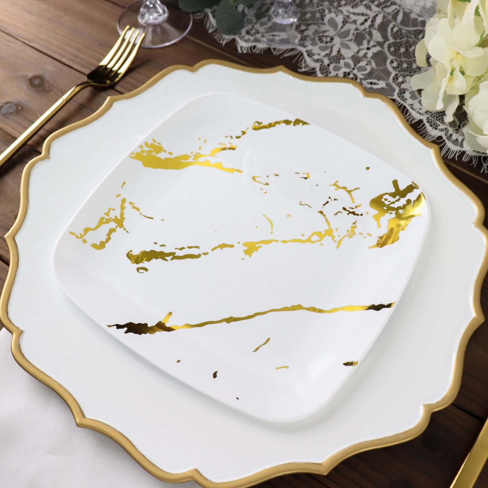 10-Pack Plastic 8" Square Dessert Plates in White with Gold Marble Design - Disposable Appetizer Salad Party Plates for Weddings, Banquets & Special Events