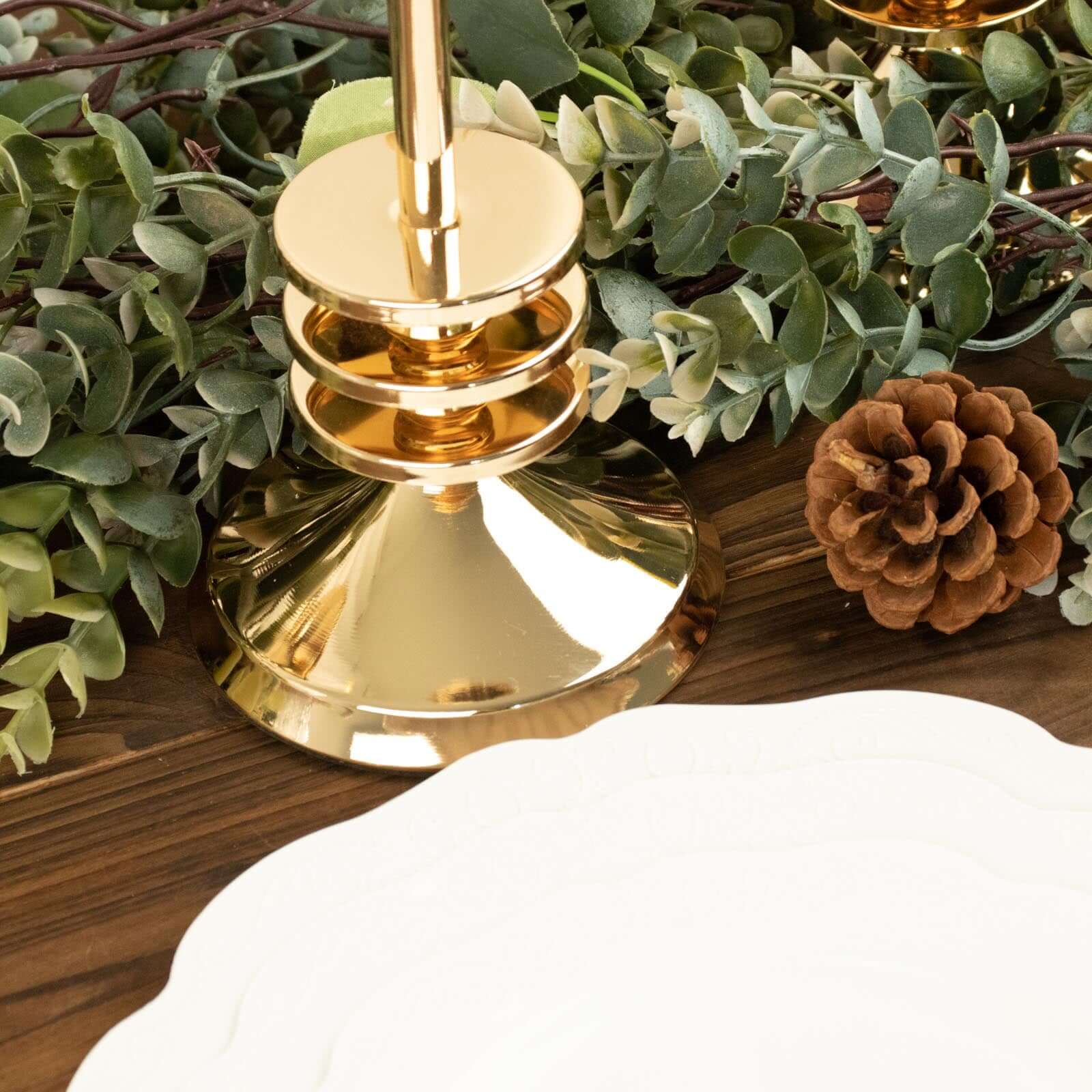 Set of 3 Taper Candlestick Holders Gold Metal with 3 Disk Pedestal Design - Decorative Centerpieces 9", 11", 13"
