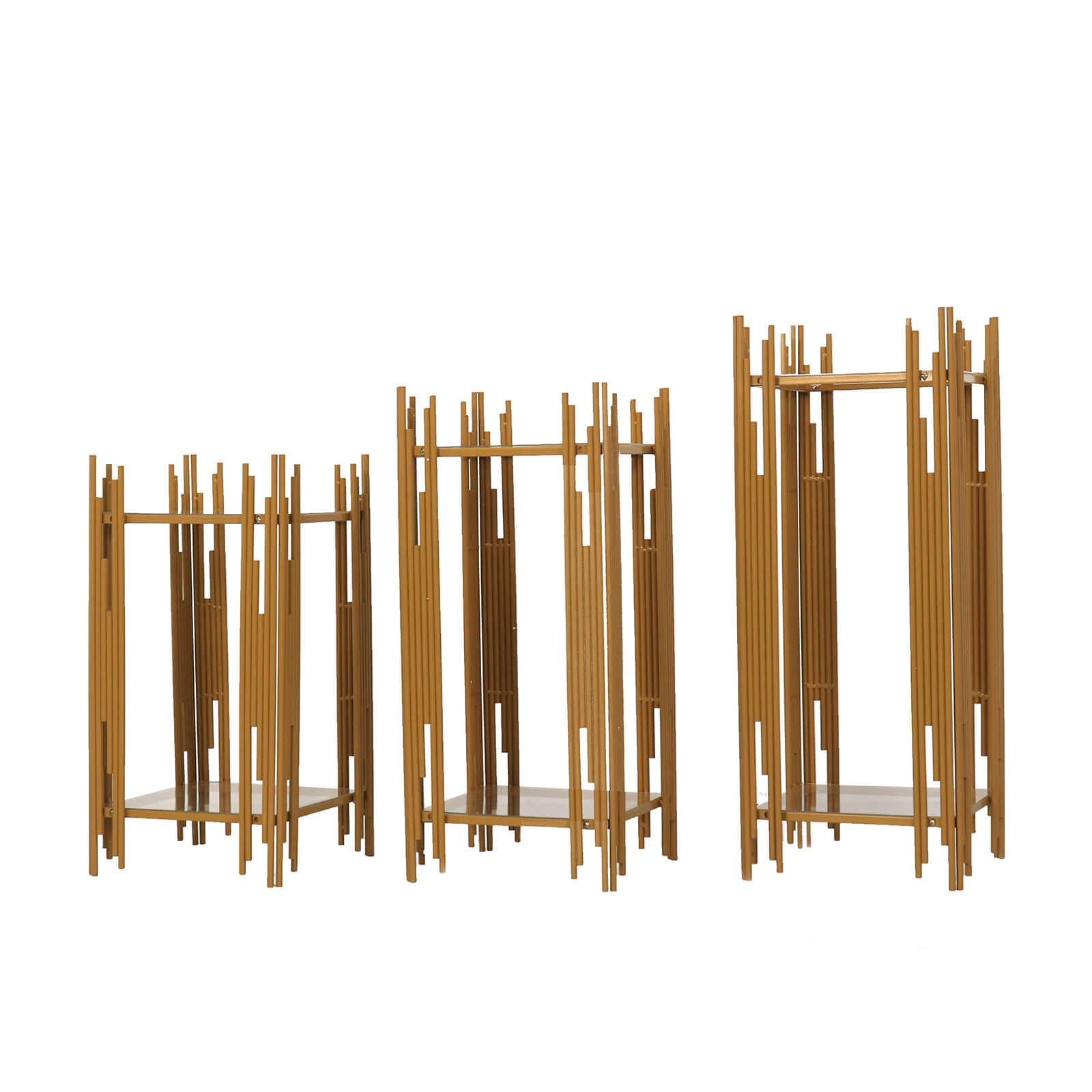 Set of 3 Wedding Pedestal Stands Square Acrylic Plate Design Gold - Metal Flower Display Plinths 26",30",34"