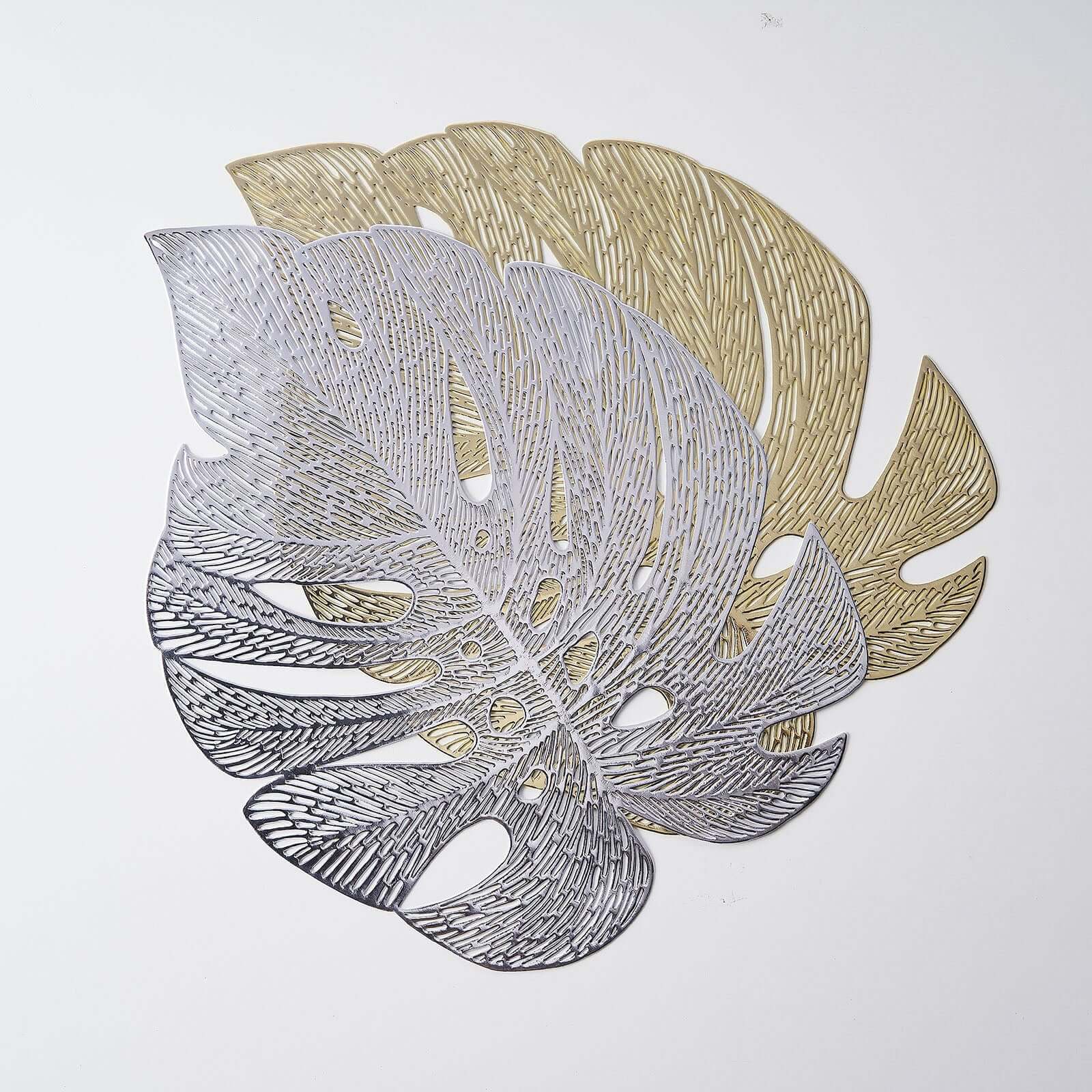 6-Pack Dining Table Mats Monstera Leaf Design Gold - Vinyl Non-Slip Surface for Tropical Themes 18"