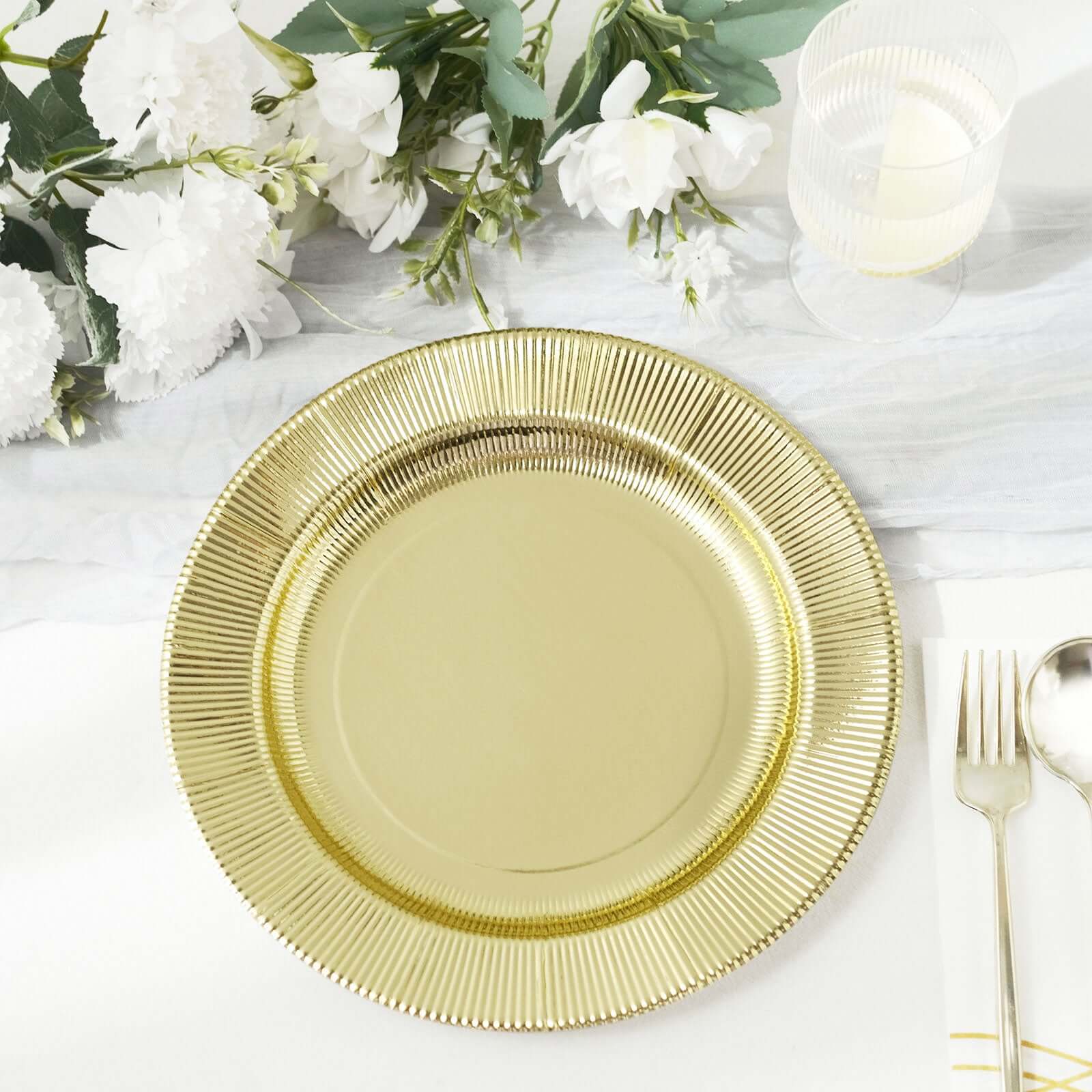 25-Pack Paper 8" Round Dessert Plates in Metallic Gold Sunray Design - Disposable Heavy Duty 350GSM Appetizer Salad Plates