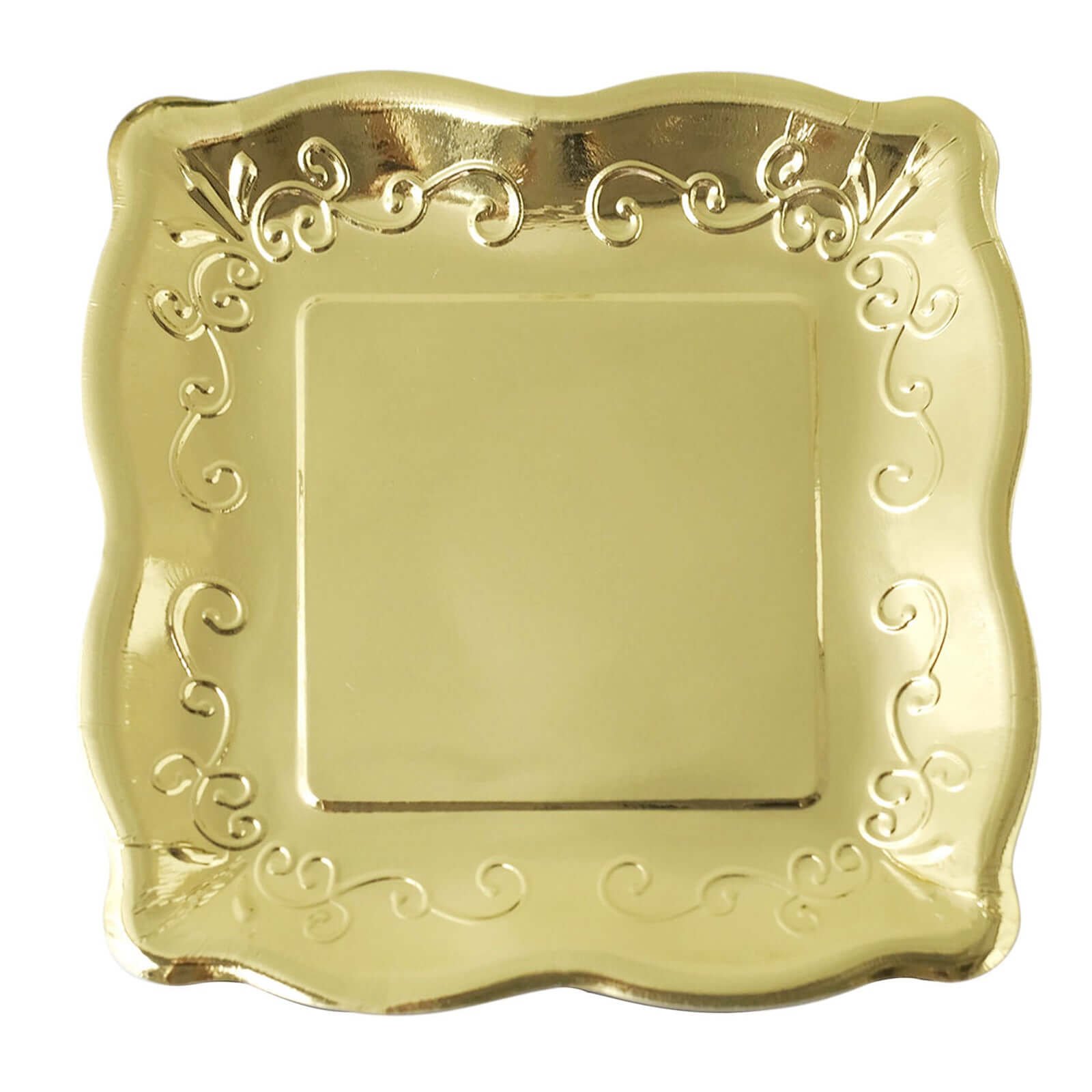 25-Pack Paper 11" Square Dinner Plates in Gold with Vintage Pottery Embossed Design - Shiny Metallic Disposable Serving Plates for Glamorous Dinners & Events