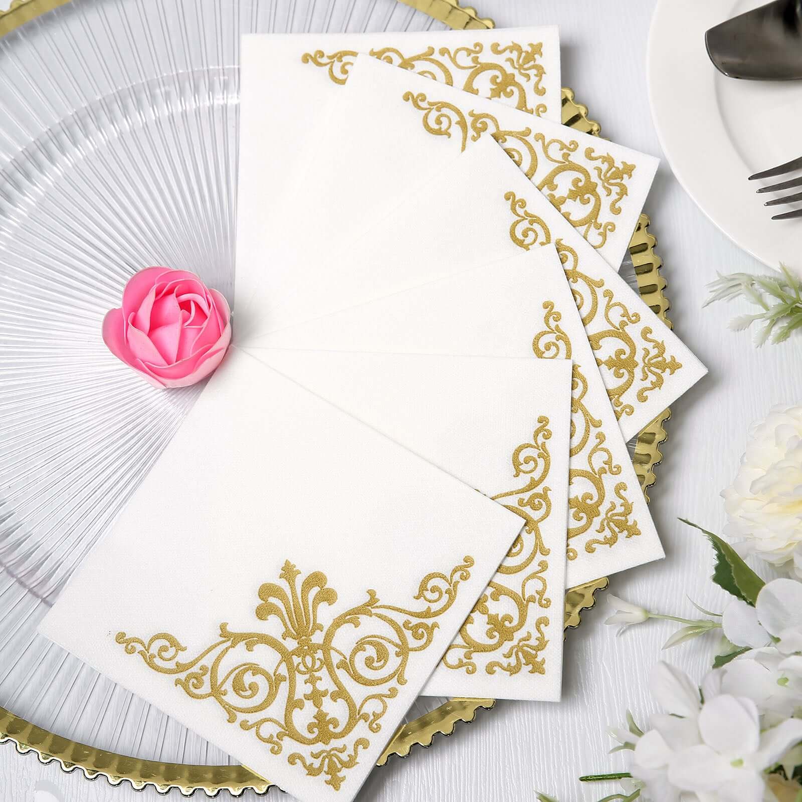 20 Pack Linen-Like Paper 5"x5" Napkins White - Gold Fleur Vintage Airlaid Cocktail Napkins
