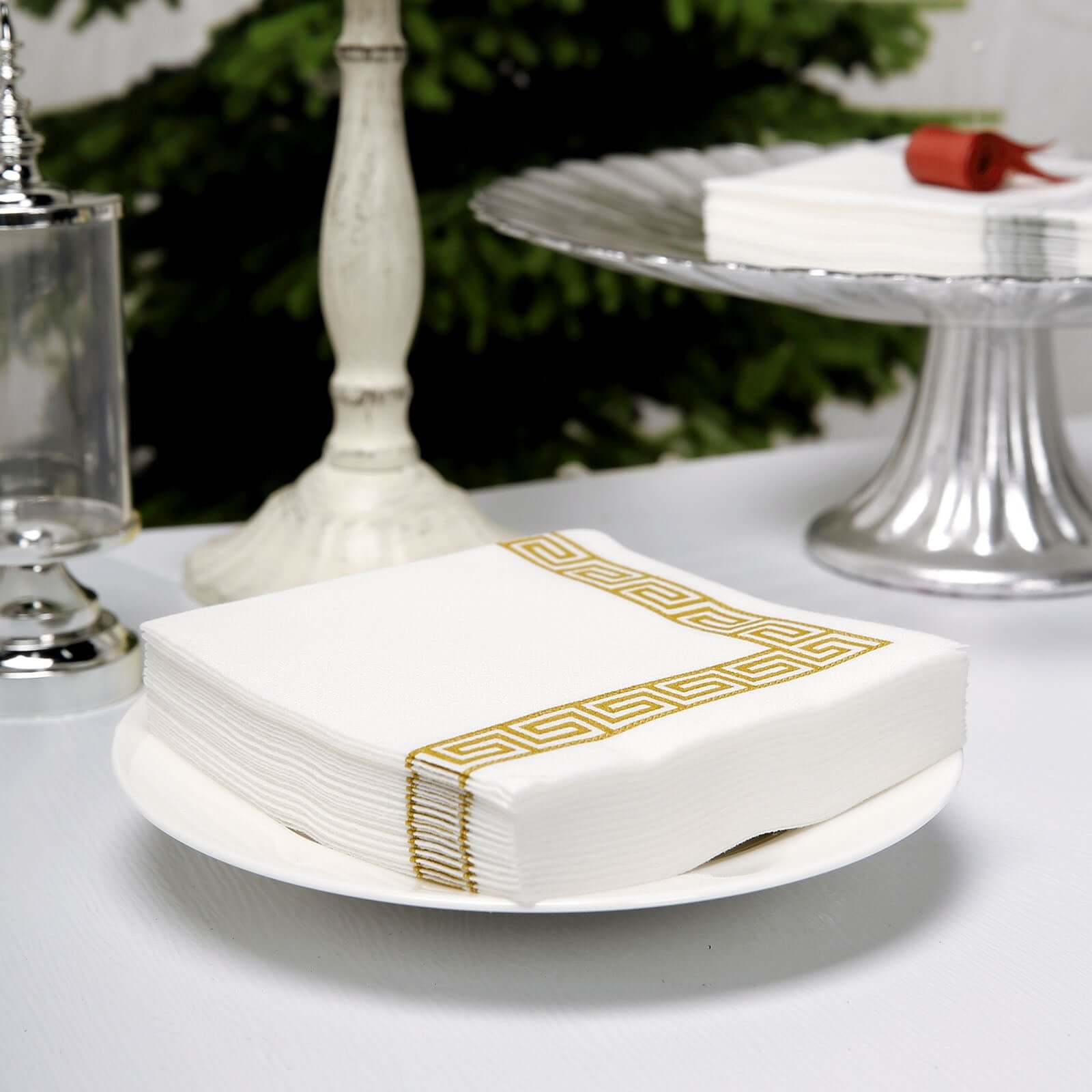 25 Pack Linen-Like Paper 5"x5" Napkins White with Gold Greek Key Design - Hygienic Disposable Airlaid Party Napkins
