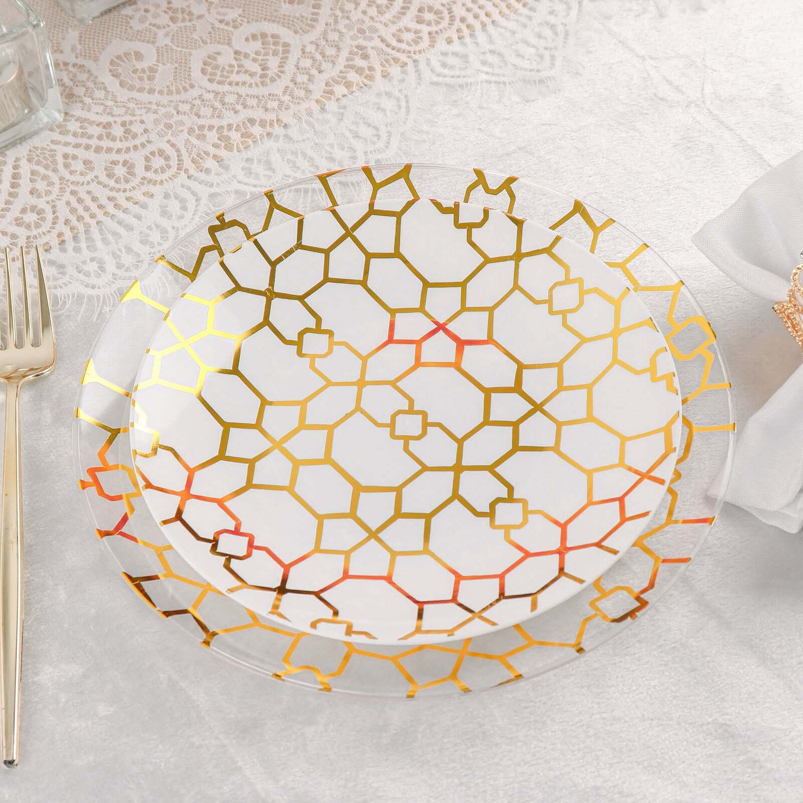 20-Pack Set Plastic Round Dinner and Salad Plates in White & Clear with Geometric Gold Print - Modern Disposable Dinnerware Set for Weddings & Celebrations 9", 7"