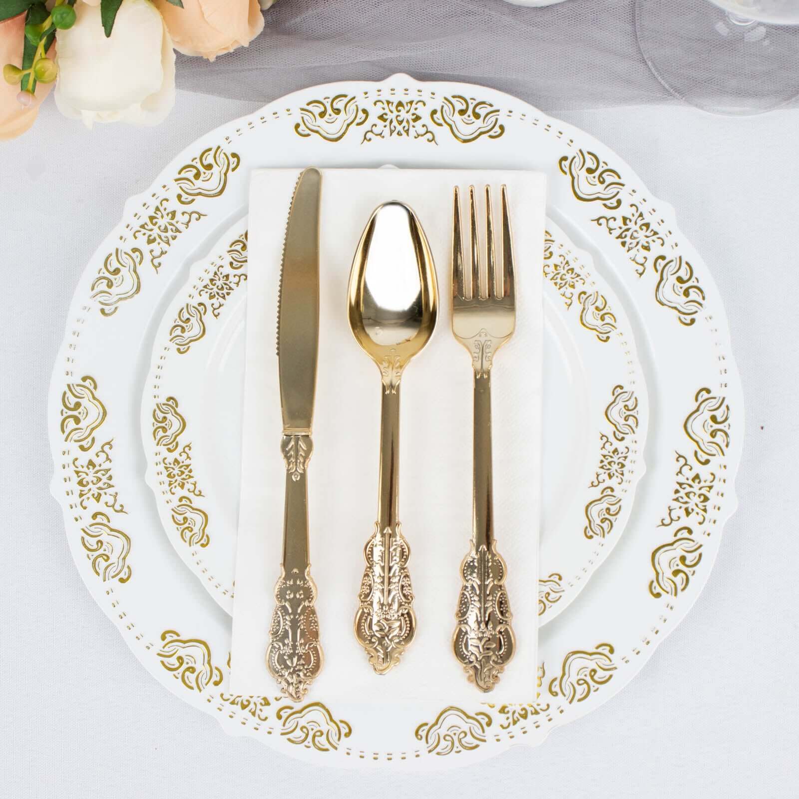 24 Pcs Plastic Silverware Set in Baroque Style Metallic Gold - Heavy Duty Disposable Knife, Fork, and Spoon Set