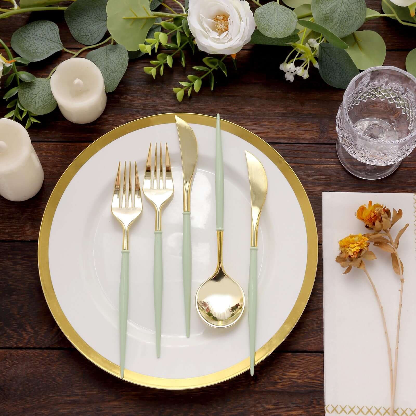 24-Pack Plastic Flatware Set in Metallic Gold with Sage Green Handle - Heavy Duty Disposable Modern Silverware 8"