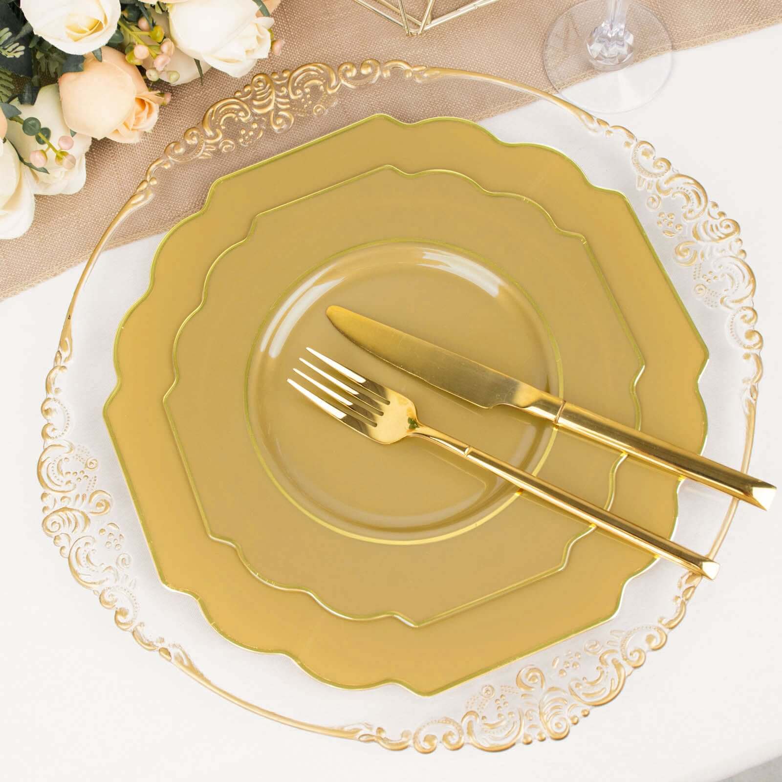 10-Pack Plastic Dinner Plates in Gold Baroque Design with Scalloped Gold Rim - Heavy Duty Disposable Party Plates for Events & Banquets 11"