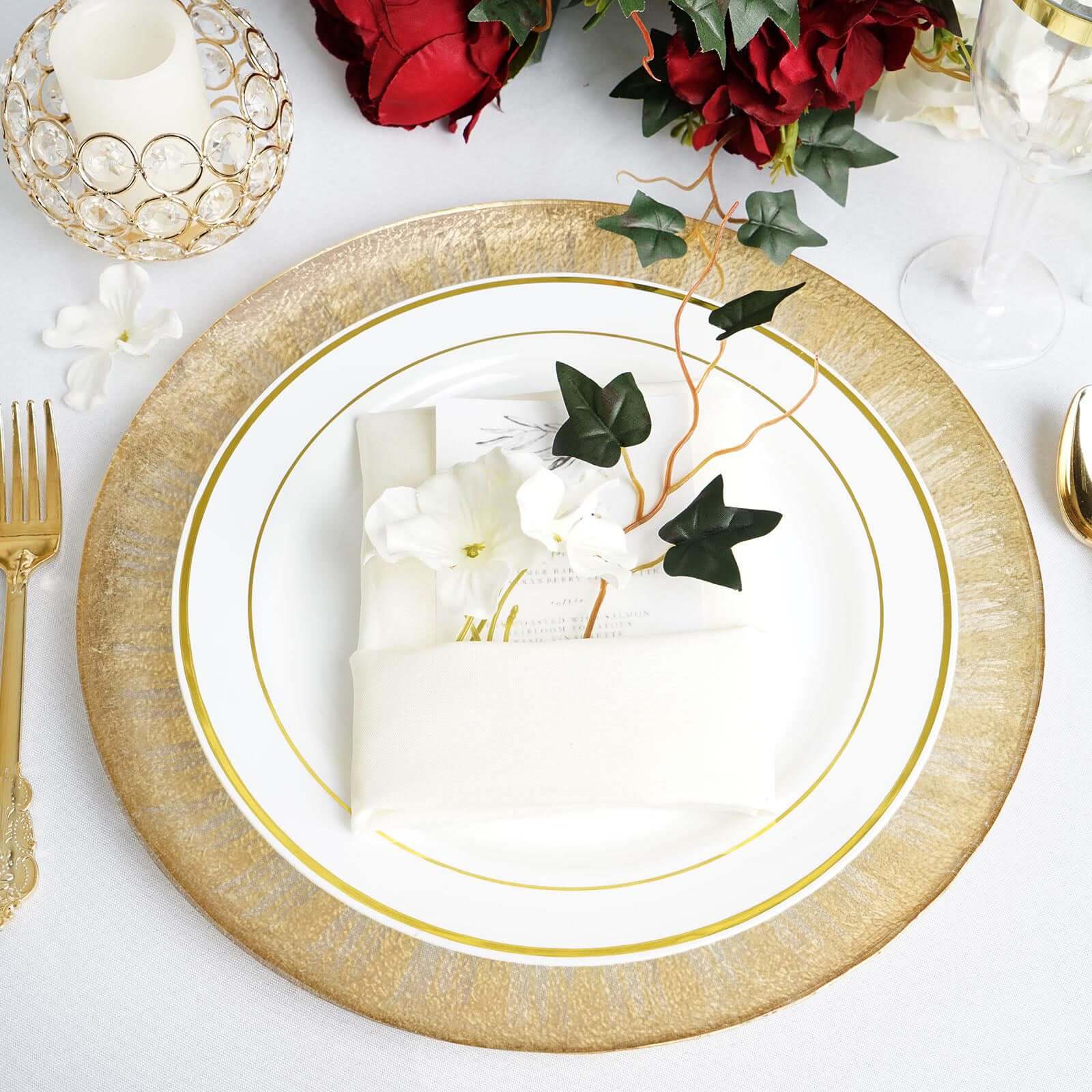 8-Pack Glass Round Charger Plates 13" in Clear with Metallic Gold Spray Rim, Decorative Dinner Charger Tableware