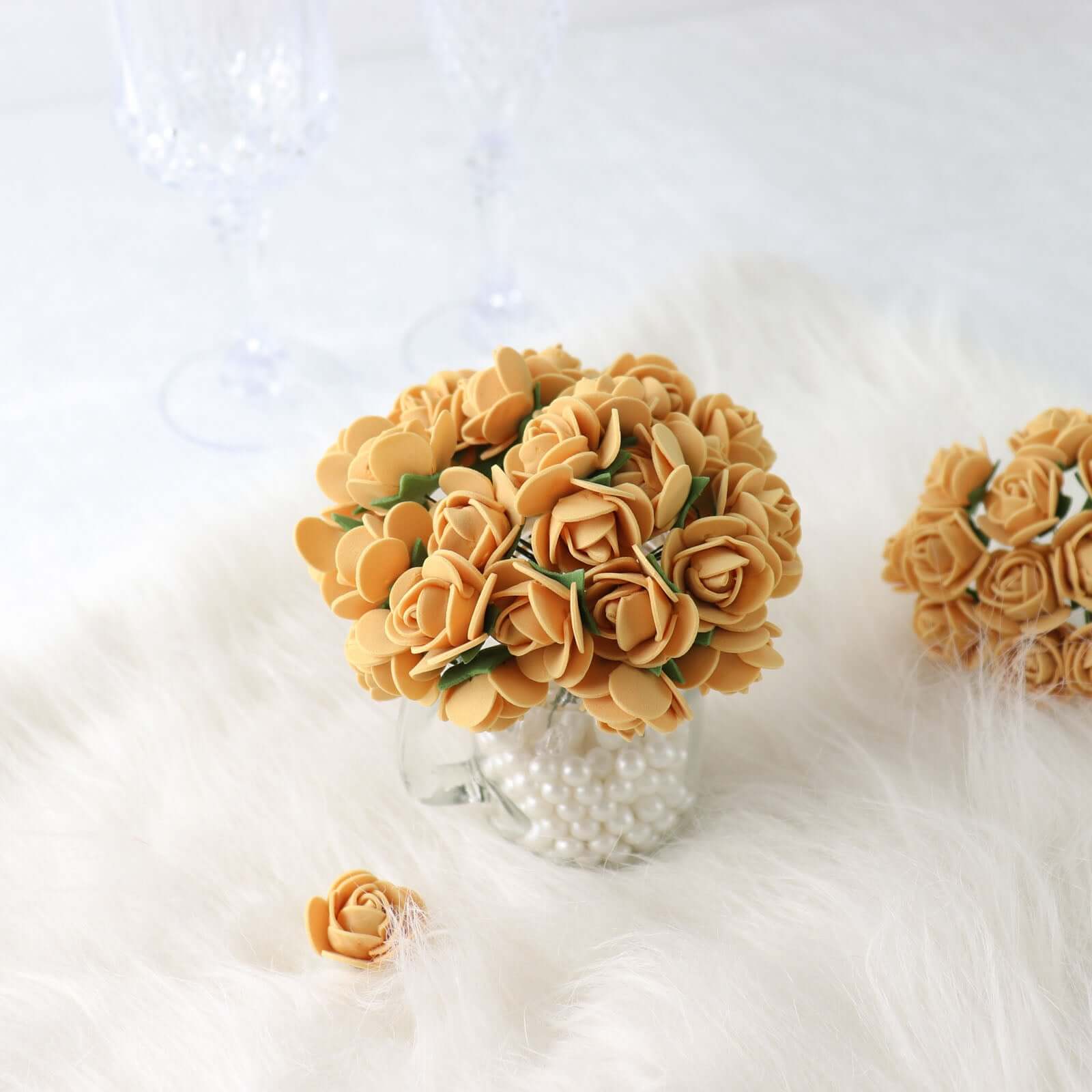 48 Roses 1" Gold Real Touch Artificial DIY Foam Rose Flowers With Stem, Craft Rose Buds