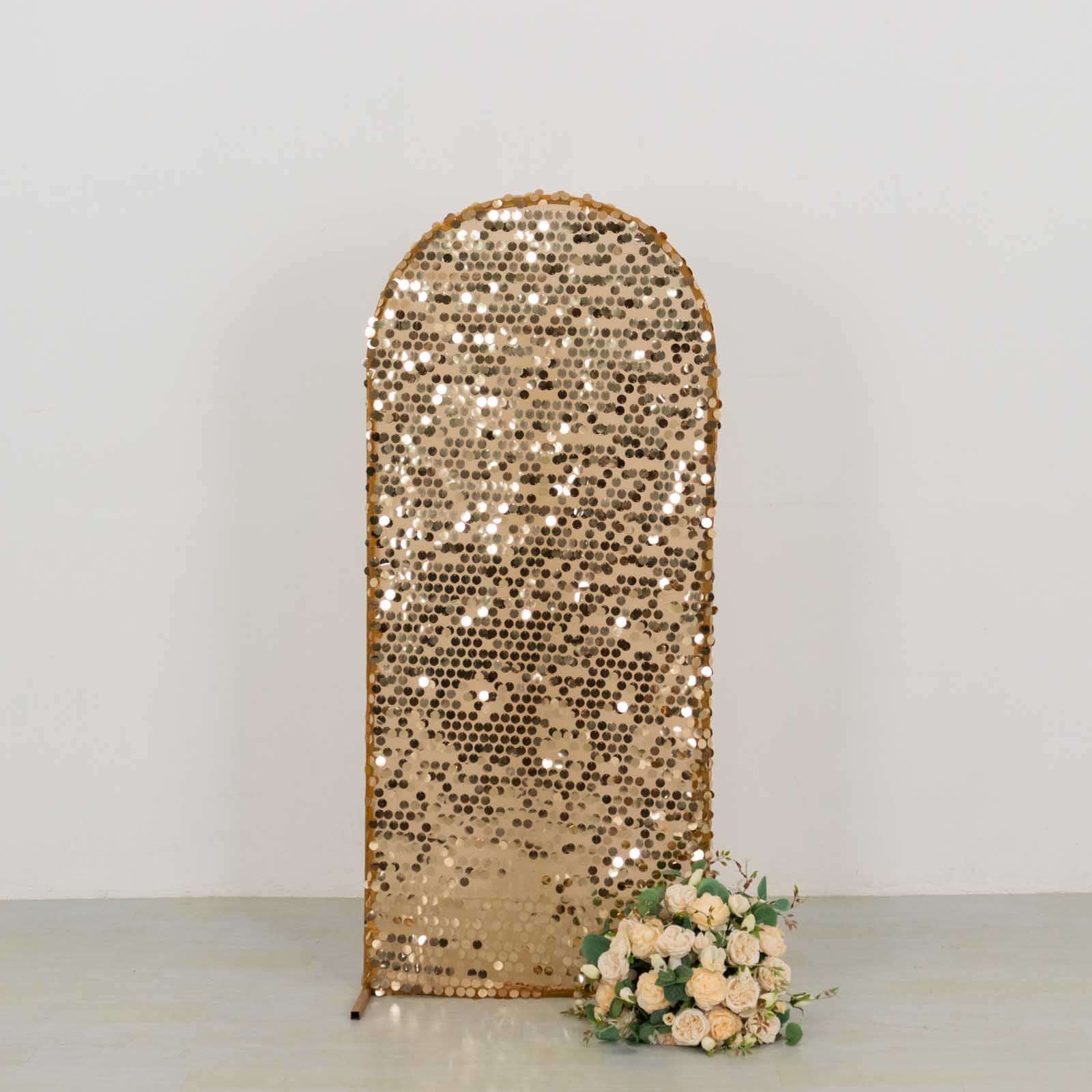 5ft Sparkly Gold Big Payette Sequin Fitted Wedding Arch Cover for Round Top Chiara Backdrop Stand