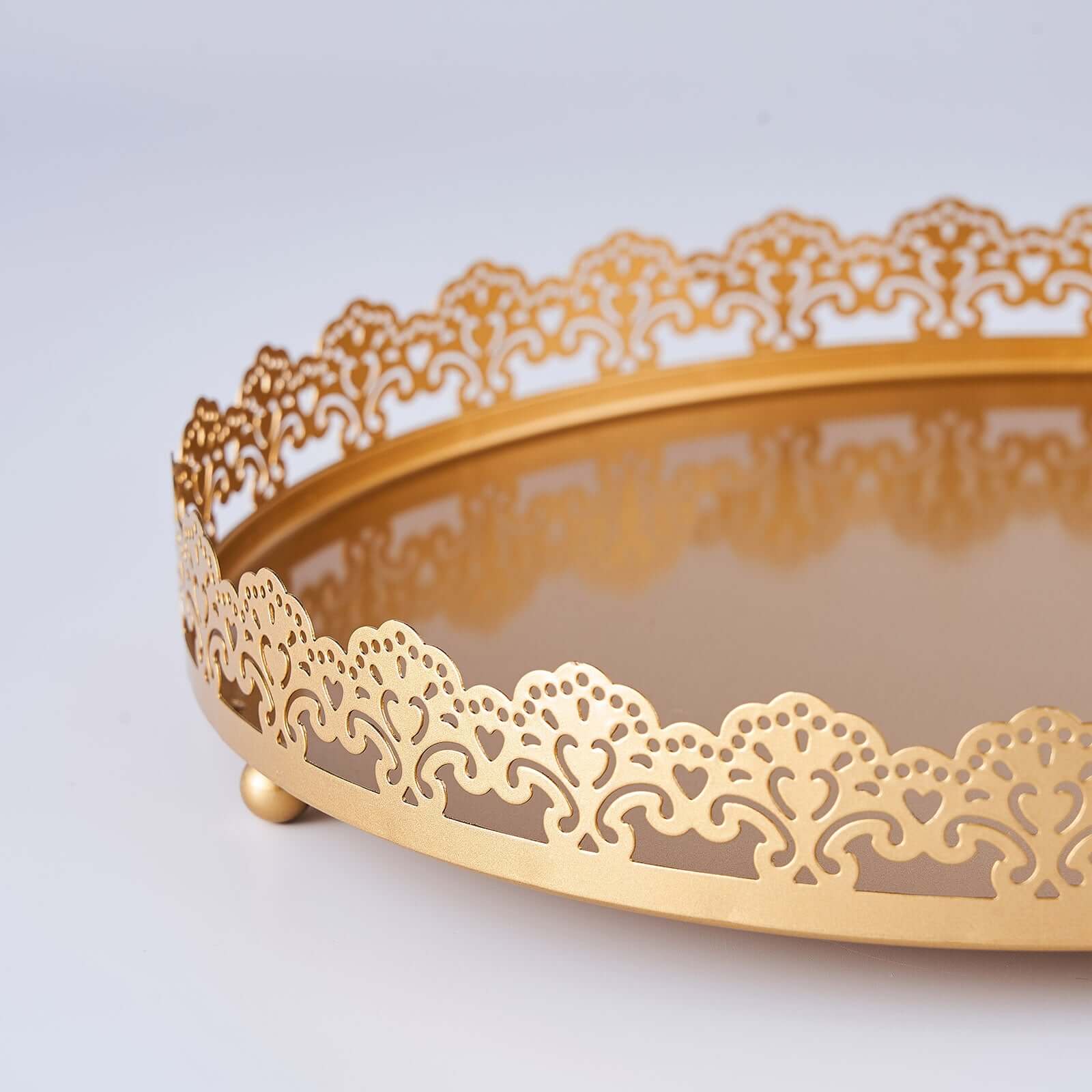 12" Gold Premium Metal Decorative Vanity Serving Tray, Round With Embellished Rims