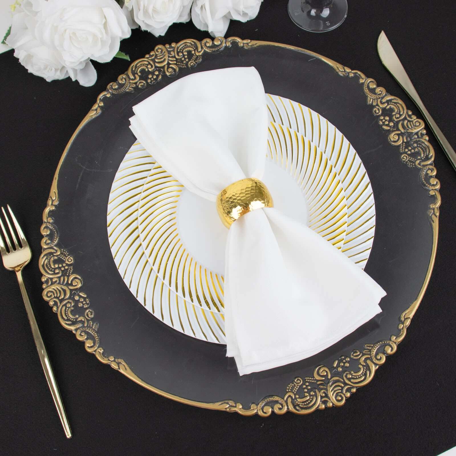 10-Pack Plastic 9" Round Dinner Plates White with Gold Swirl Rim - Disposable Party Plates