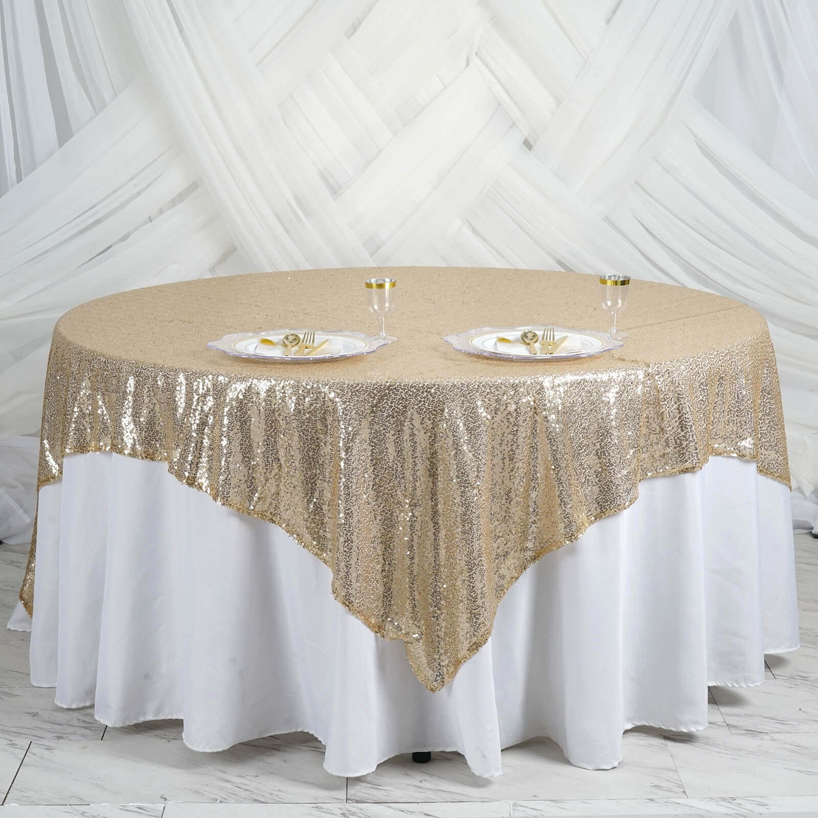Sequin 90"x90" Table Overlay Square Tablecloth Champagne - Sparkly Table Cover