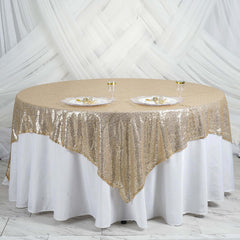 Sequin 90"x90" Table Overlay Square Tablecloth Champagne - Sparkly Table Cover