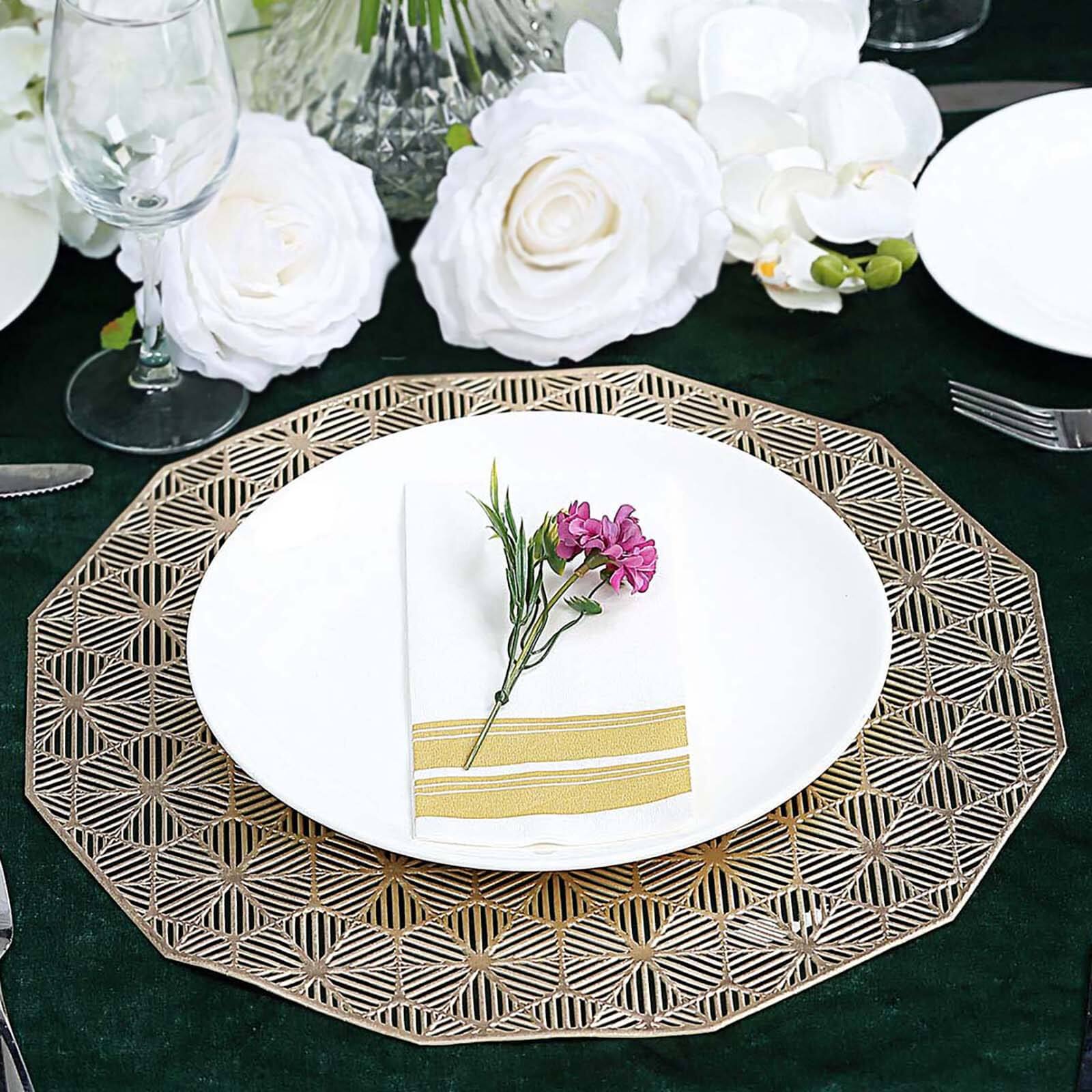 6-Pack Dining Table Mats Geometric Woven Design Gold - Vinyl Non-Slip Surface for Modern Table Settings 15"