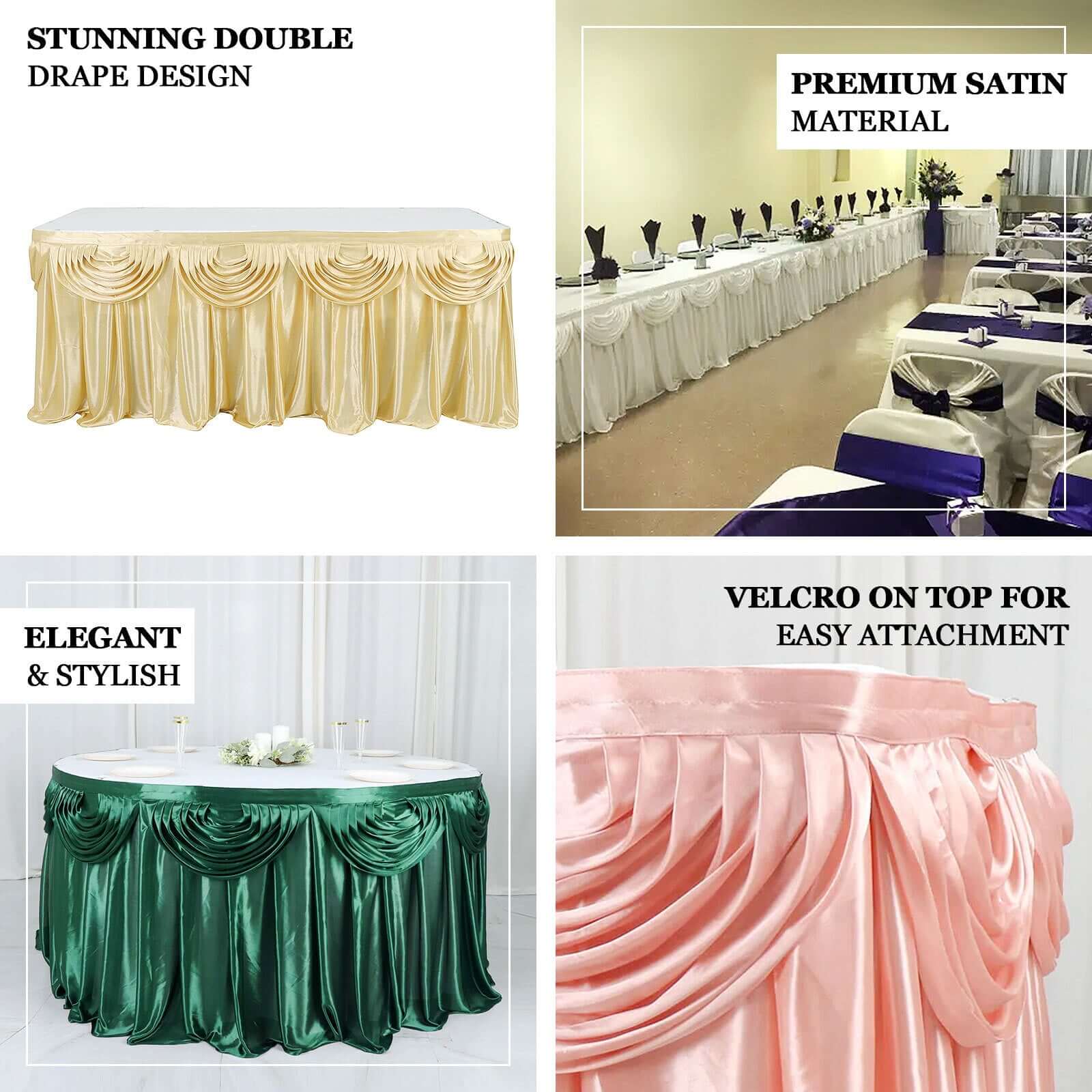Satin 14ft Table Skirt Gold Pleated Double Drape Design - Soft & Graceful for Events