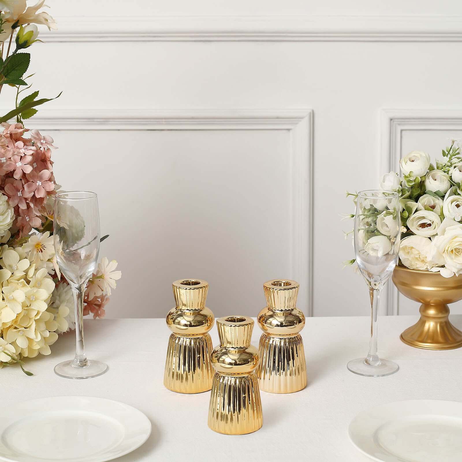 3-Pack Ceramic Taper Candle Holders Fluted Ball Neck Design Metallic Gold - Ribbed Candlestick Stands 5"