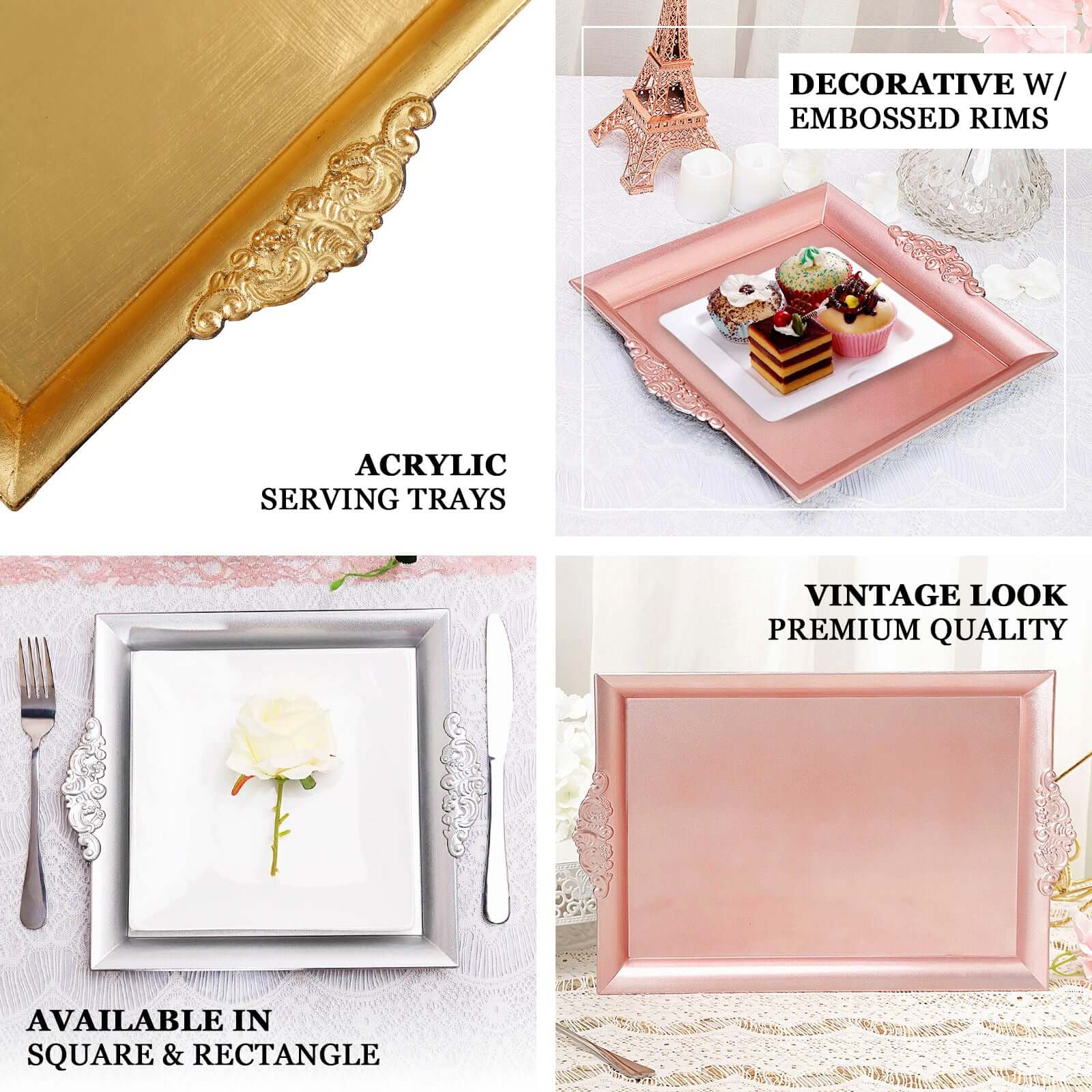 2-Pack Acrylic Square Serving Trays 10" in Metallic Gold with Embossed Handles, Decorative Dinner Party Food Platters