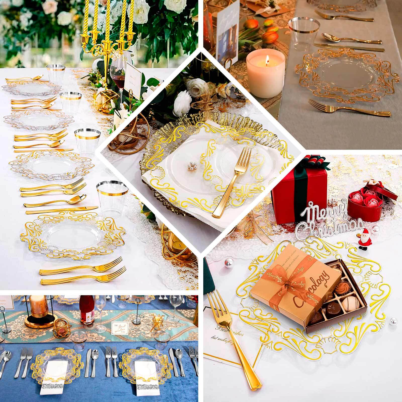 10-Pack Plastic 8" Round Dessert Plates in Clear with Gold Vintage Baroque Scalloped Rim - European Style Disposable Salad Appetizer Plates