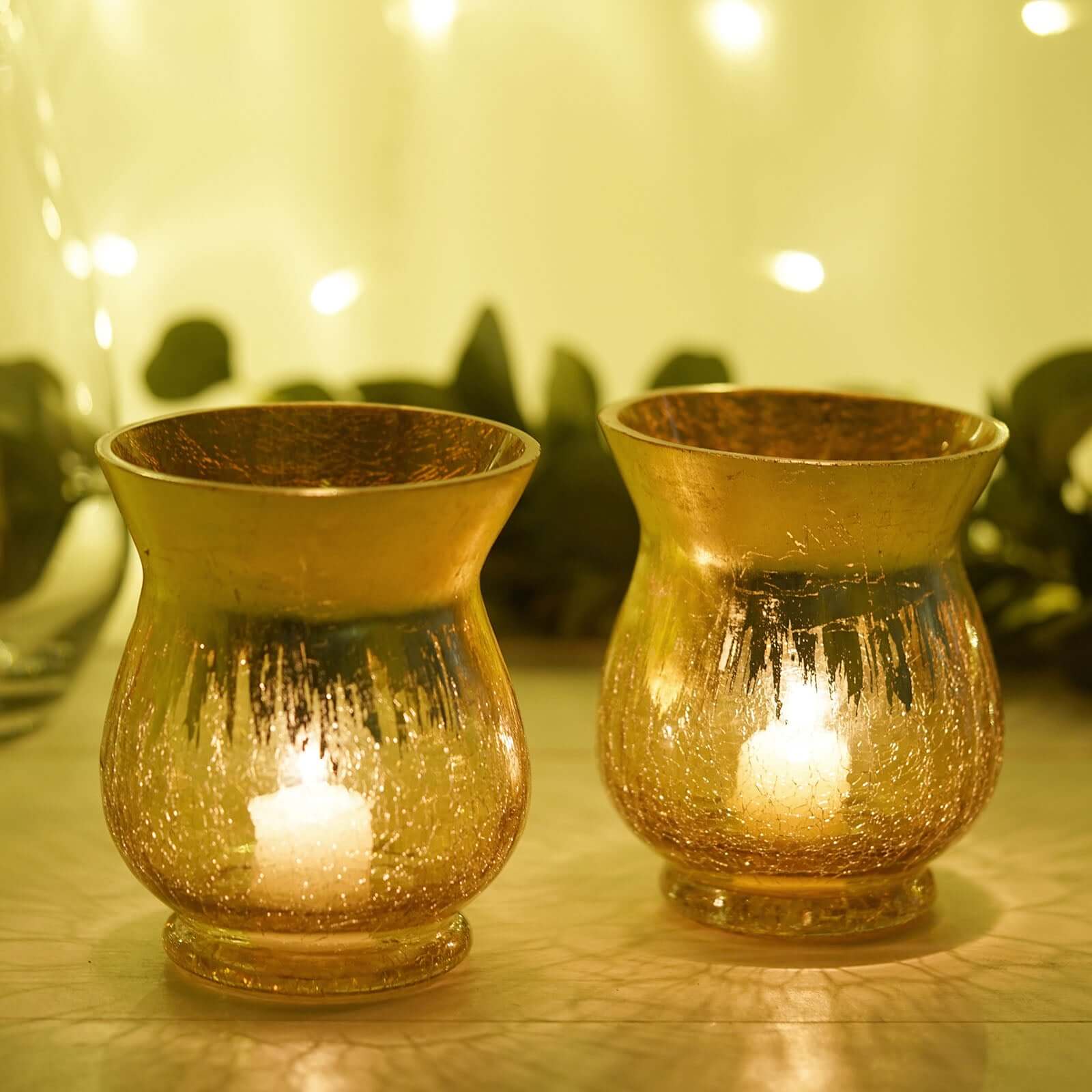 2-Pack Glass Hurricane Vases Bell Shaped Crackle Gold Curvy Design - Decorative Candle Holder Centerpieces 6"