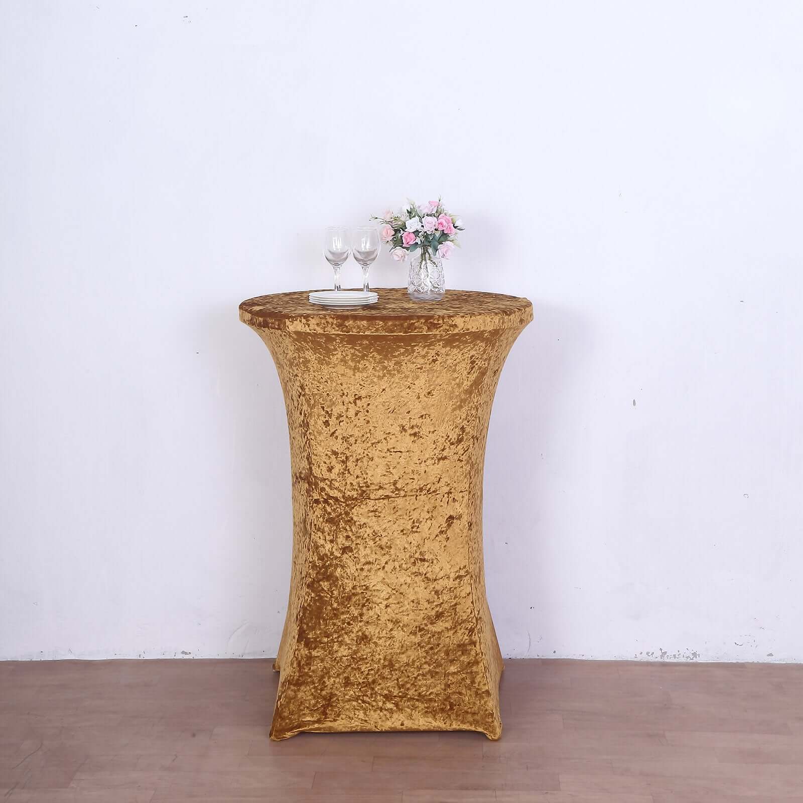 Crushed Velvet Spandex 32" Round Cocktail Table Cover Gold Smooth Highboy Tablecloth