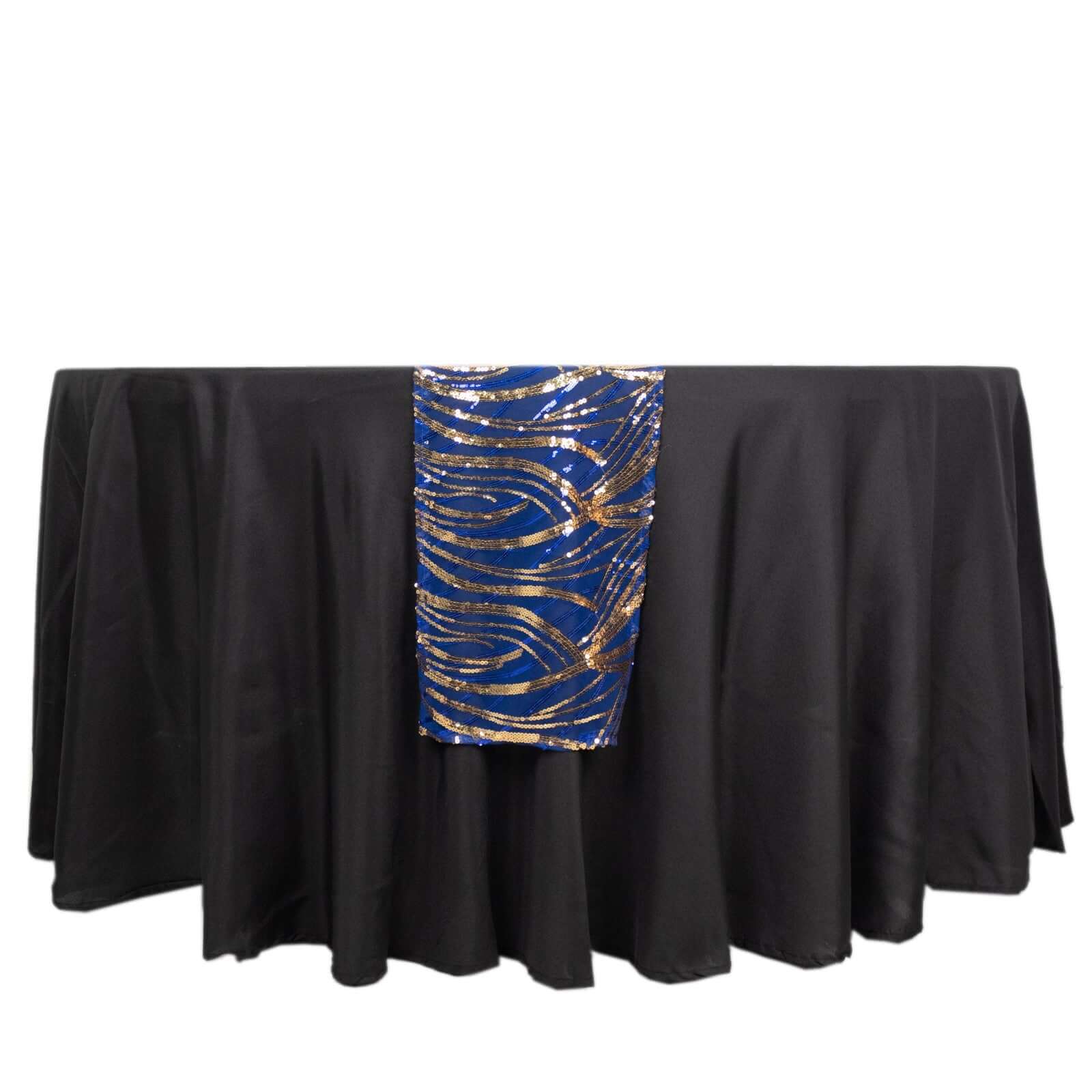 Sequin Mesh 12"x108" Table Runner Royal Blue Stylish Wave Embroidery