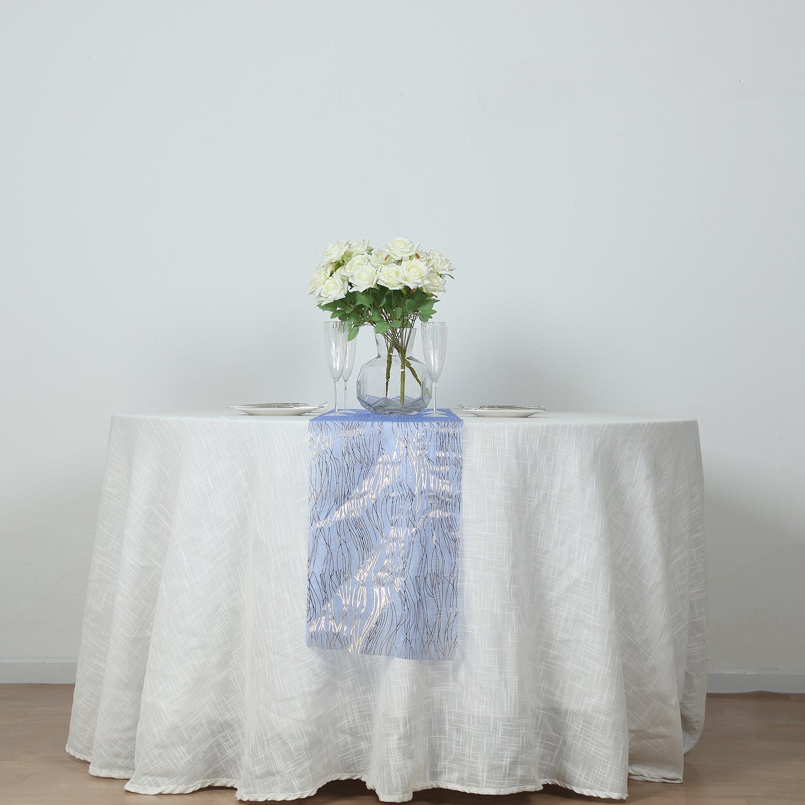 5 Pack Organza 12"x108" Table Runners Royal Blue - Gold Wave Design