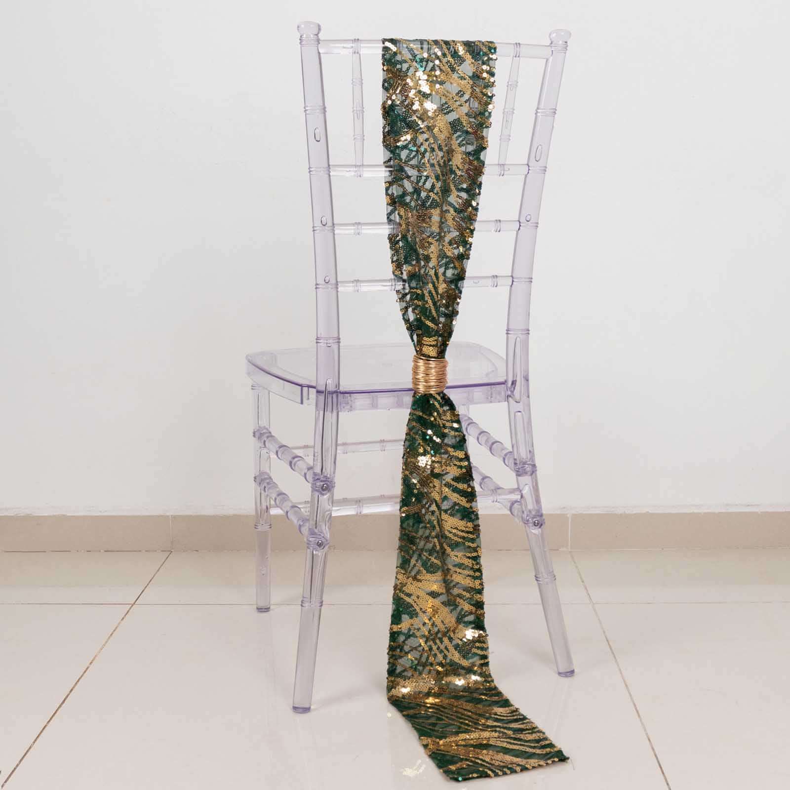 5 Pack Chair Sashes with Wave Embroidered Sequins Hunter Emerald Green/Gold 6"x88"