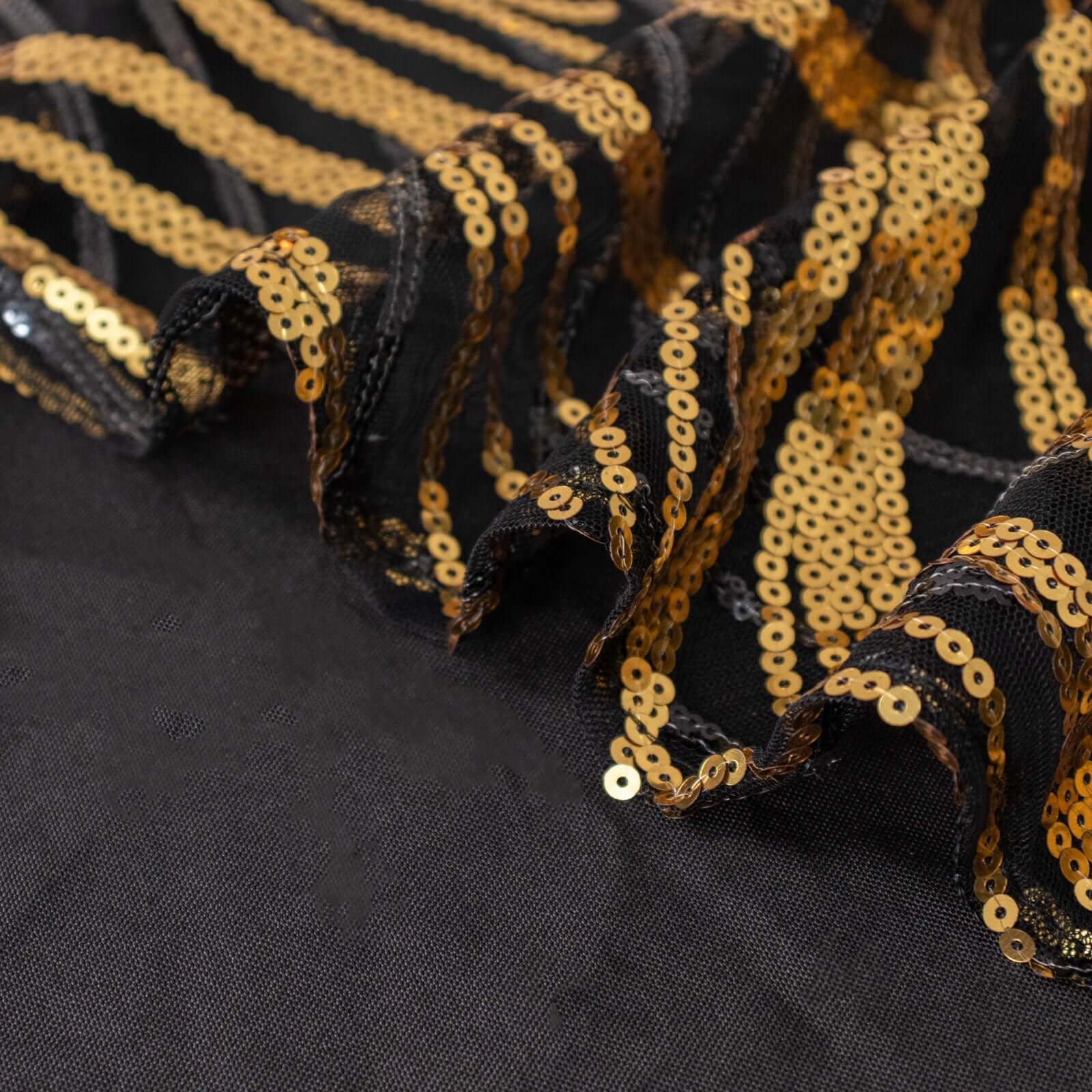 Mesh 72"x72" Table Overlay Square Tablecloth Black Gold - Wave Embroidered Sequins Table Topper