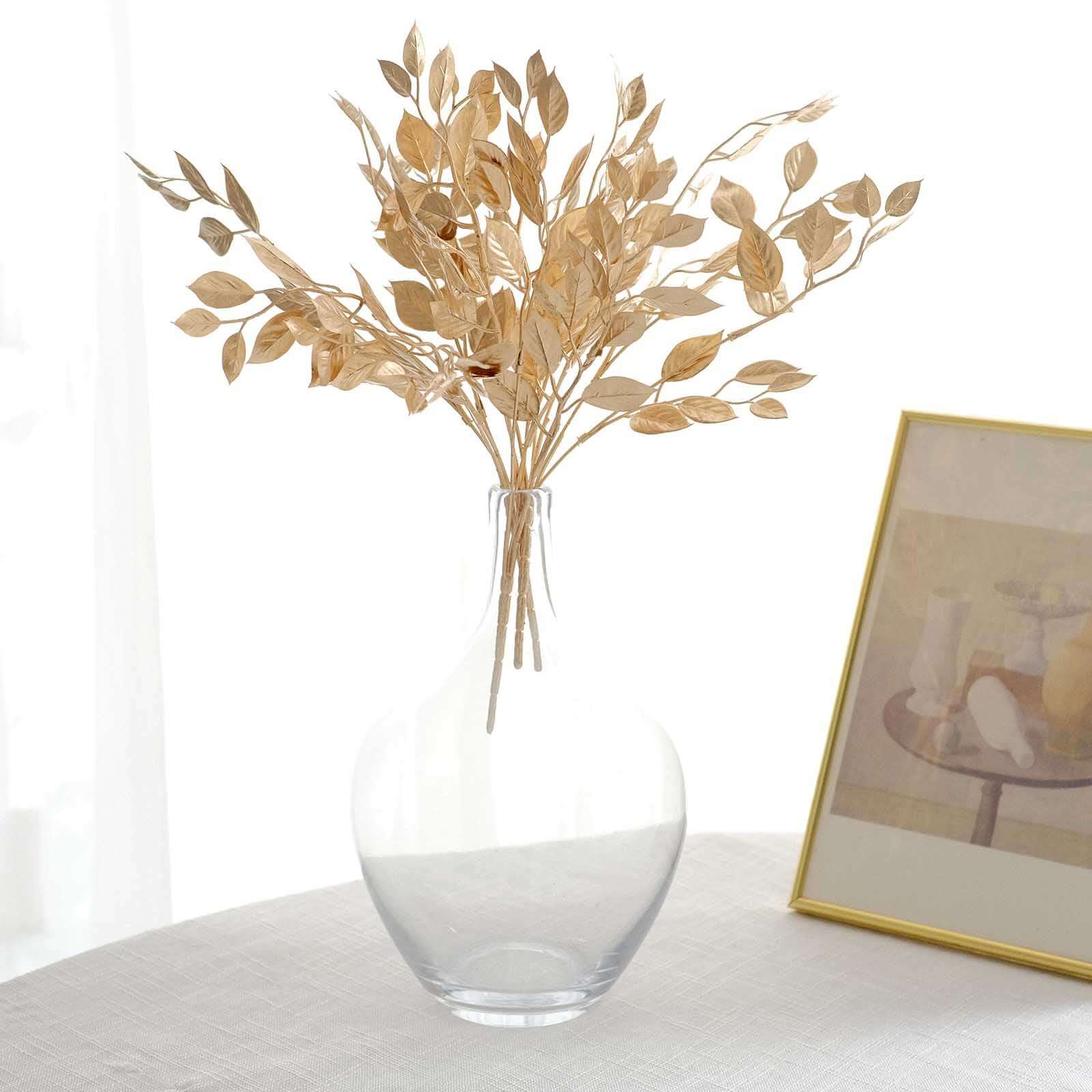 4-Pack Artificial Italian Ruscus Leaves Branches Metallic Gold - Flexible Faux Spray Plant Stem Vase Fillers for Exquisite Tablescapes & Floral Displays 14"