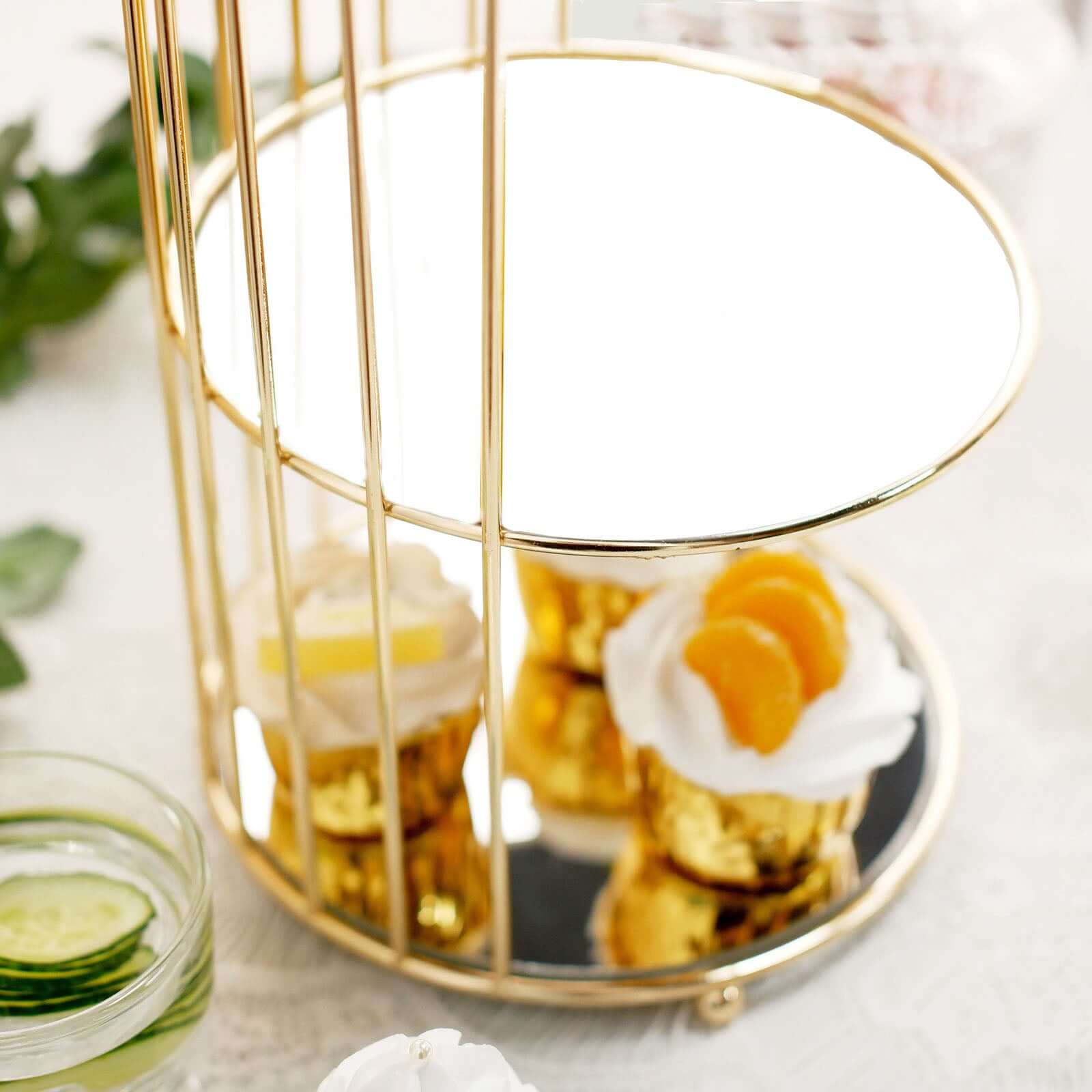 3-Tier Cupcake Cake Stand Bird Cage Design with Crystal Top Mirror Base - Serving Tray with Hanging Option 22"