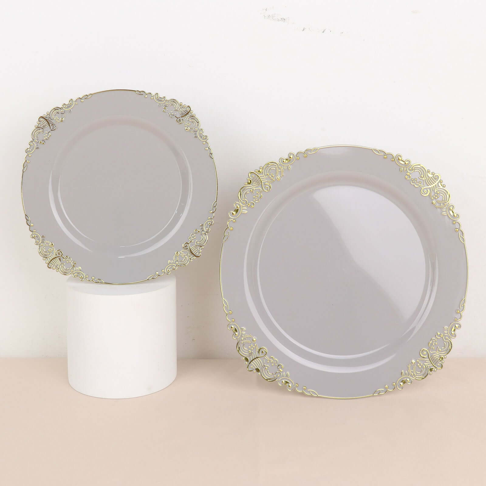 10-Pack Plastic 8" Round Dessert Plates in Gray with Gold Leaf Embossed Rim - Disposable Vintage Baroque Style Salad Plates