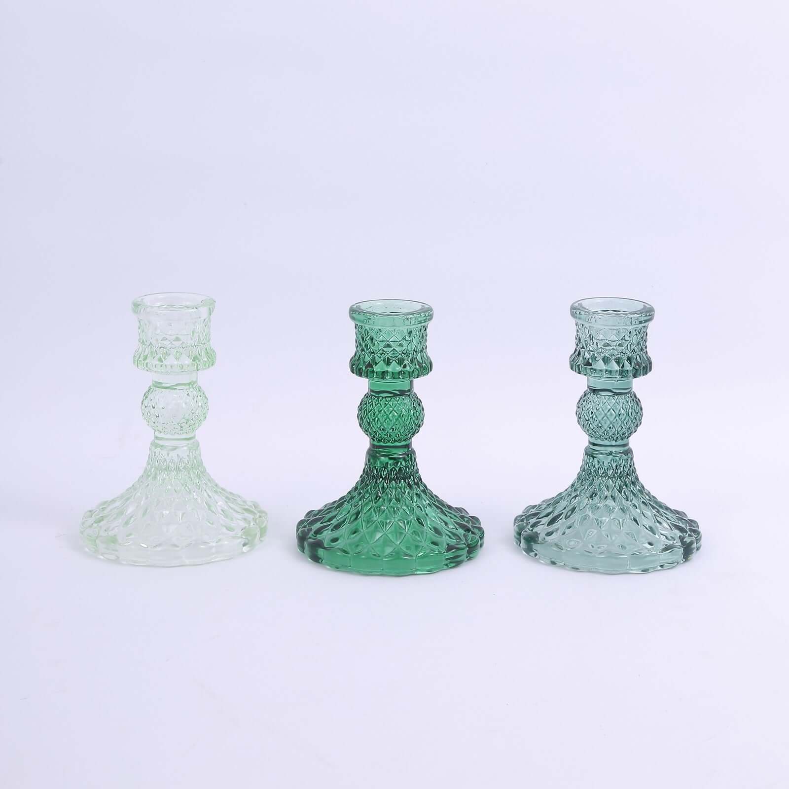 6-Pack Glass Taper Candlestick Holders Diamond Pattern Design Assorted Green - Reversible Crystal Pillar Votive Stands 4"