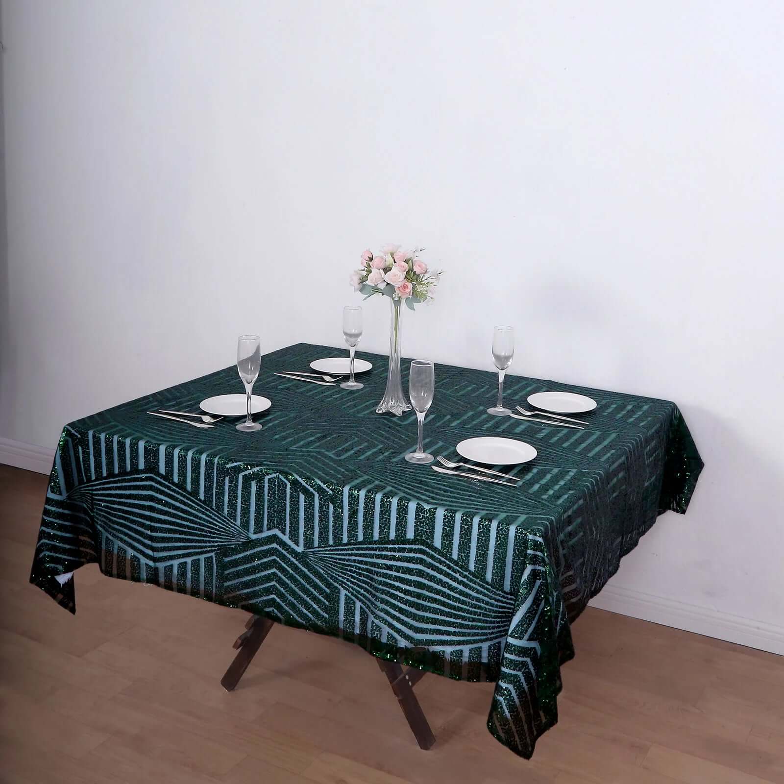 72" Square Hunter Emerald Green Diamond Glitz Sequin Table Overlay Topper