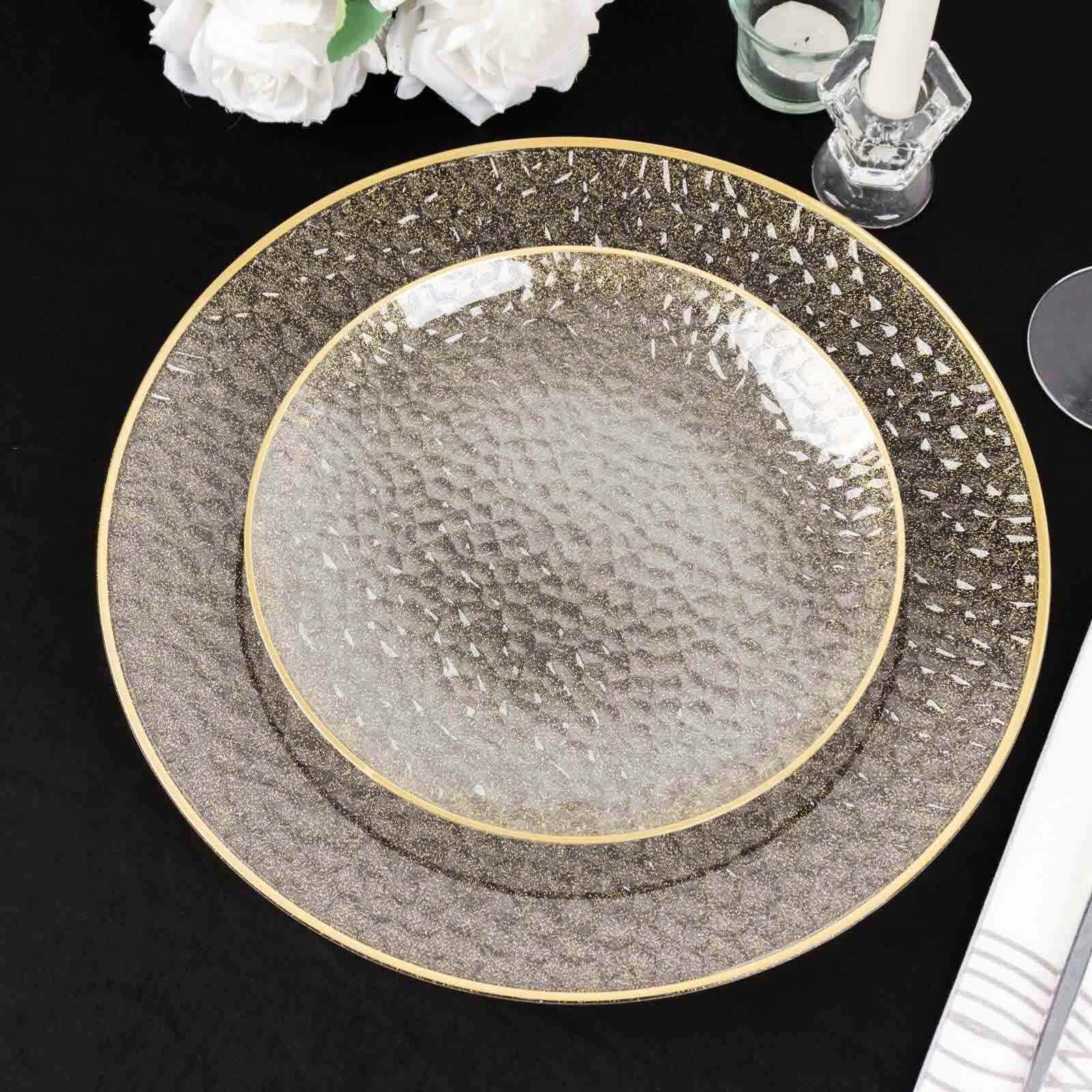 10-Pack Plastic 7" Round Dessert Appetizer Plates in Clear Gold Glittered Hammered Design with Gold Rim - Modern Disposable Salad Plates for Events & Banquets