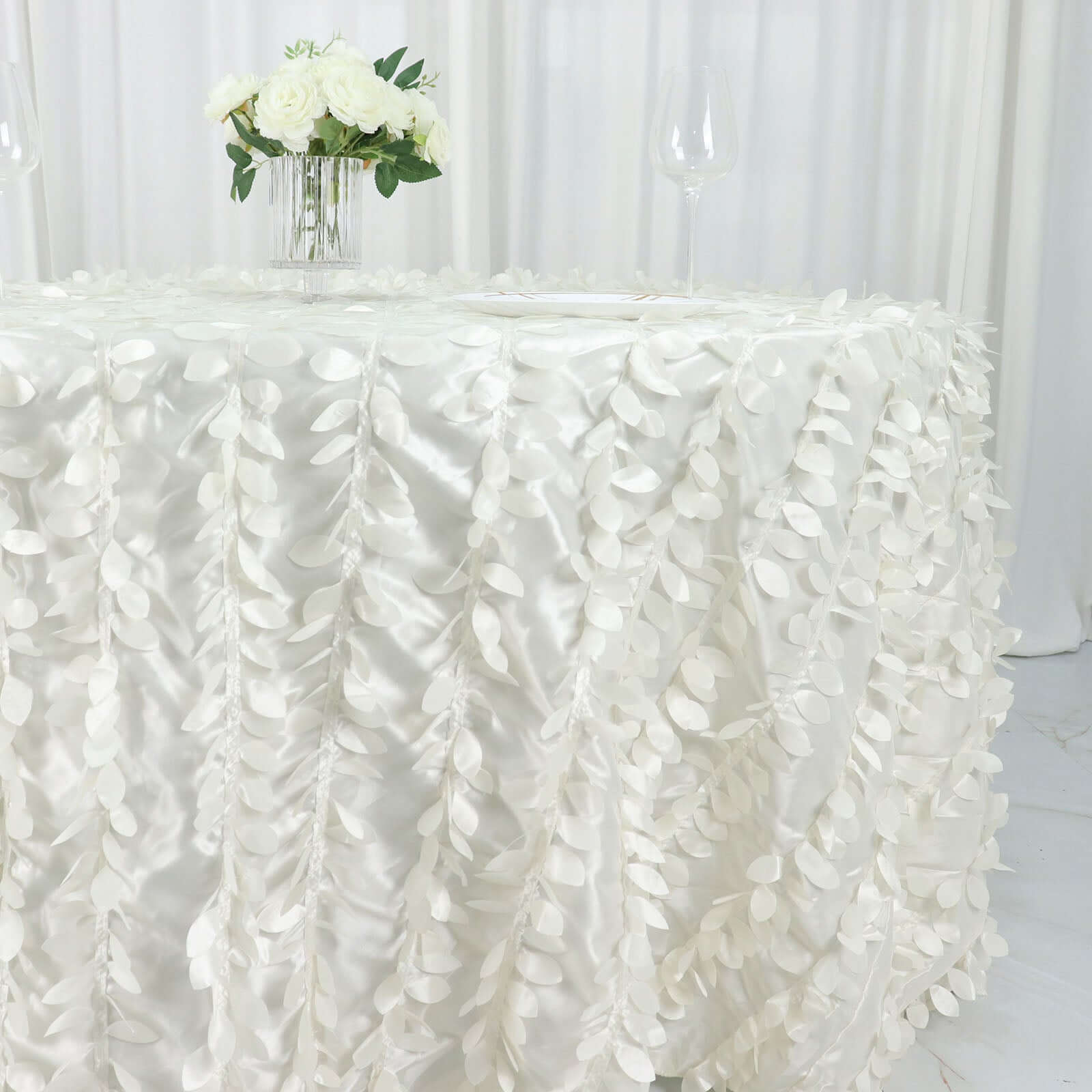 Taffeta 132" Round Tablecloth Ivory Leaf | 3D Leaf Petal Design Seamless Table Cover