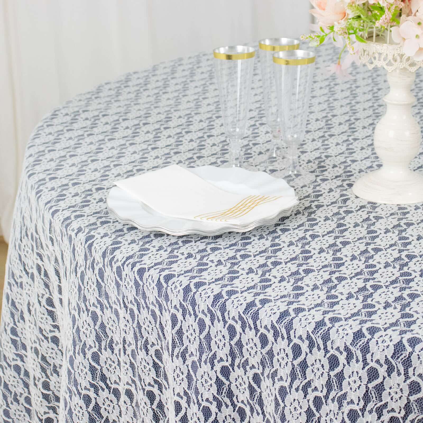120" Ivory Round Seamless Polyester Floral Lace Tablecloth for 5 Foot Table With Floor-Length Drop