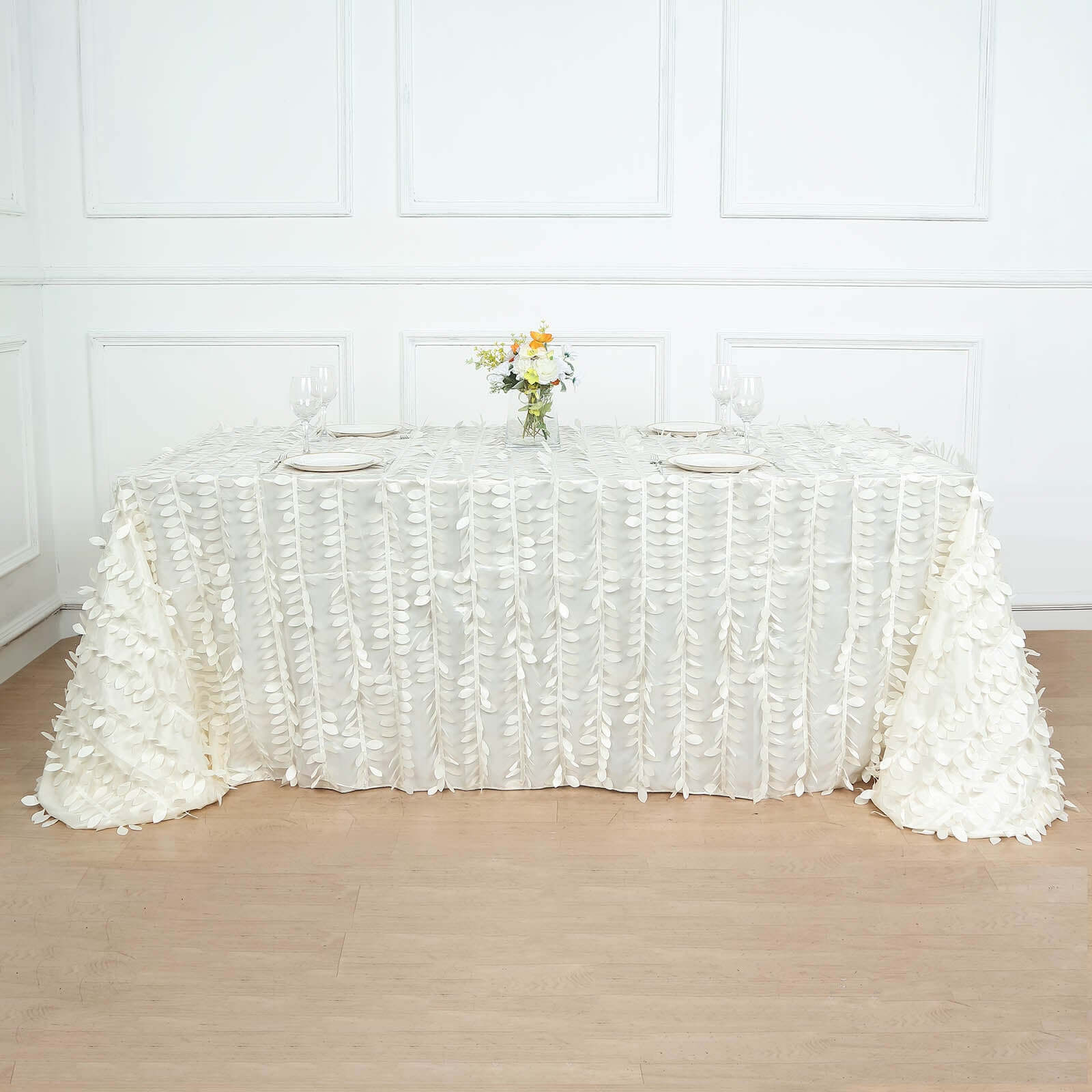 Taffeta 90"x156" Rectangle Tablecloth Ivory | 3D Leaf Petal Design Seamless Table Cover