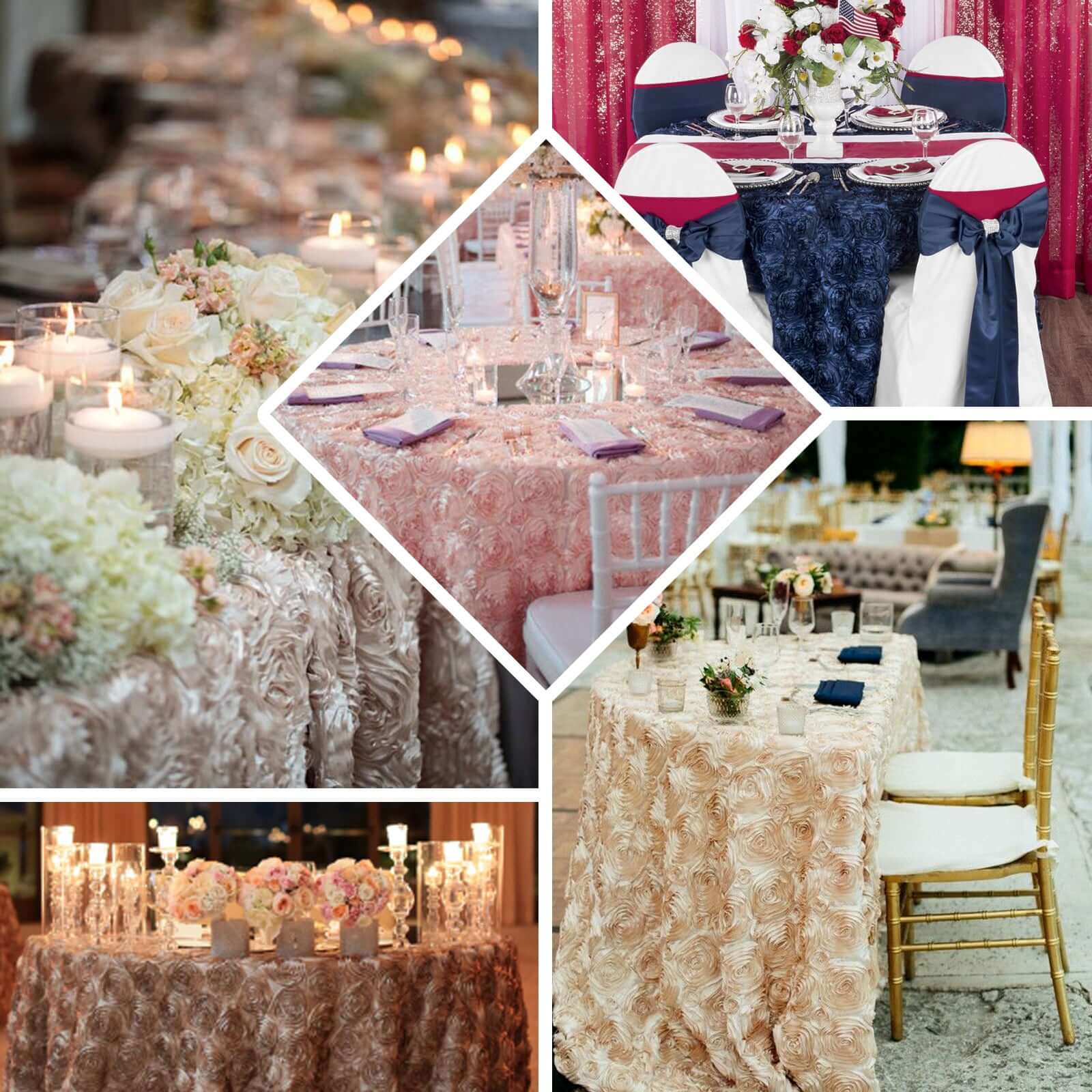 Satin 132" Round Tablecloth Ivory - Seamless Grandiose 3D Rosette Table Cover
