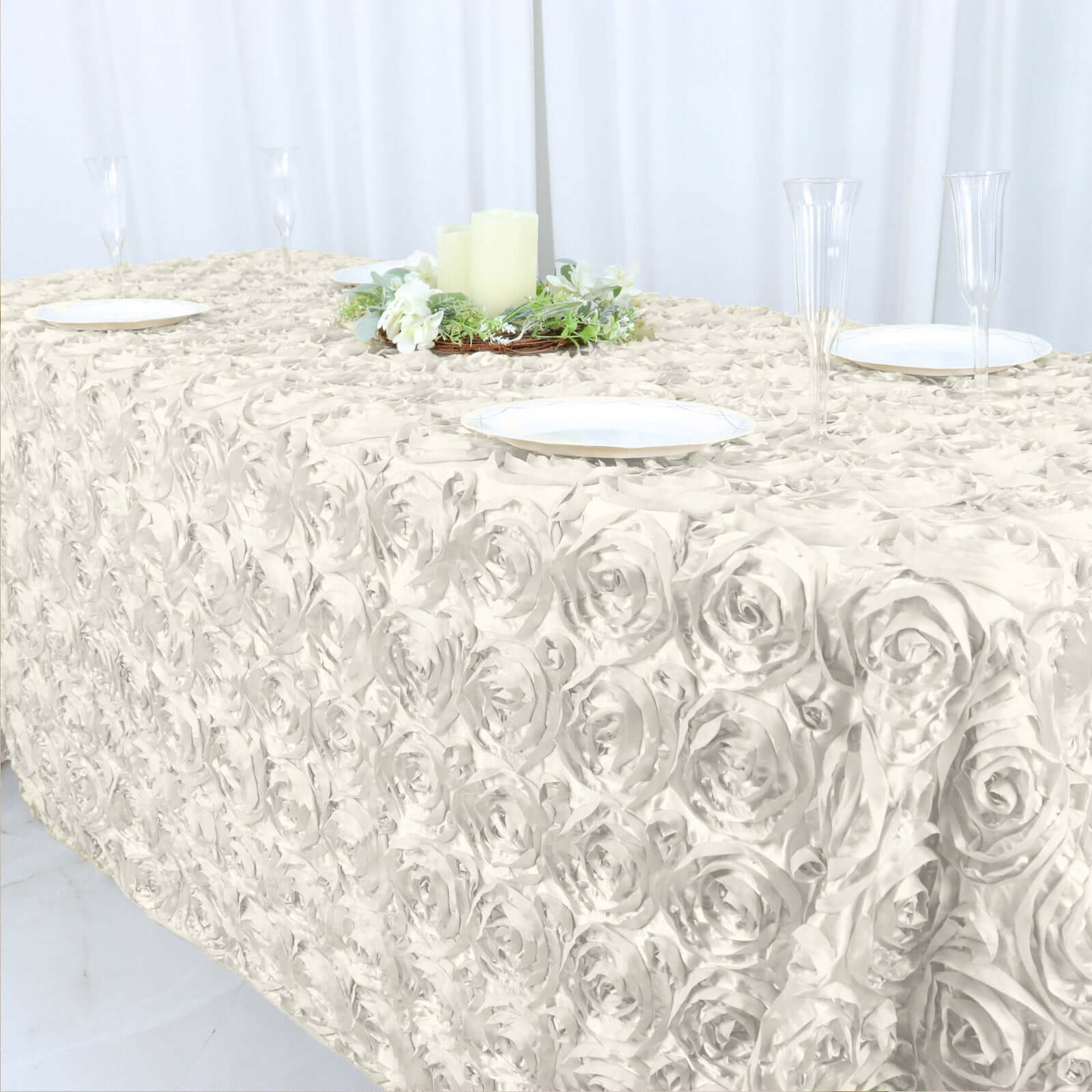 Satin 90"x132" Rectangle Tablecloth Ivory - Grandiose 3D Rosette Seamless Table Cover