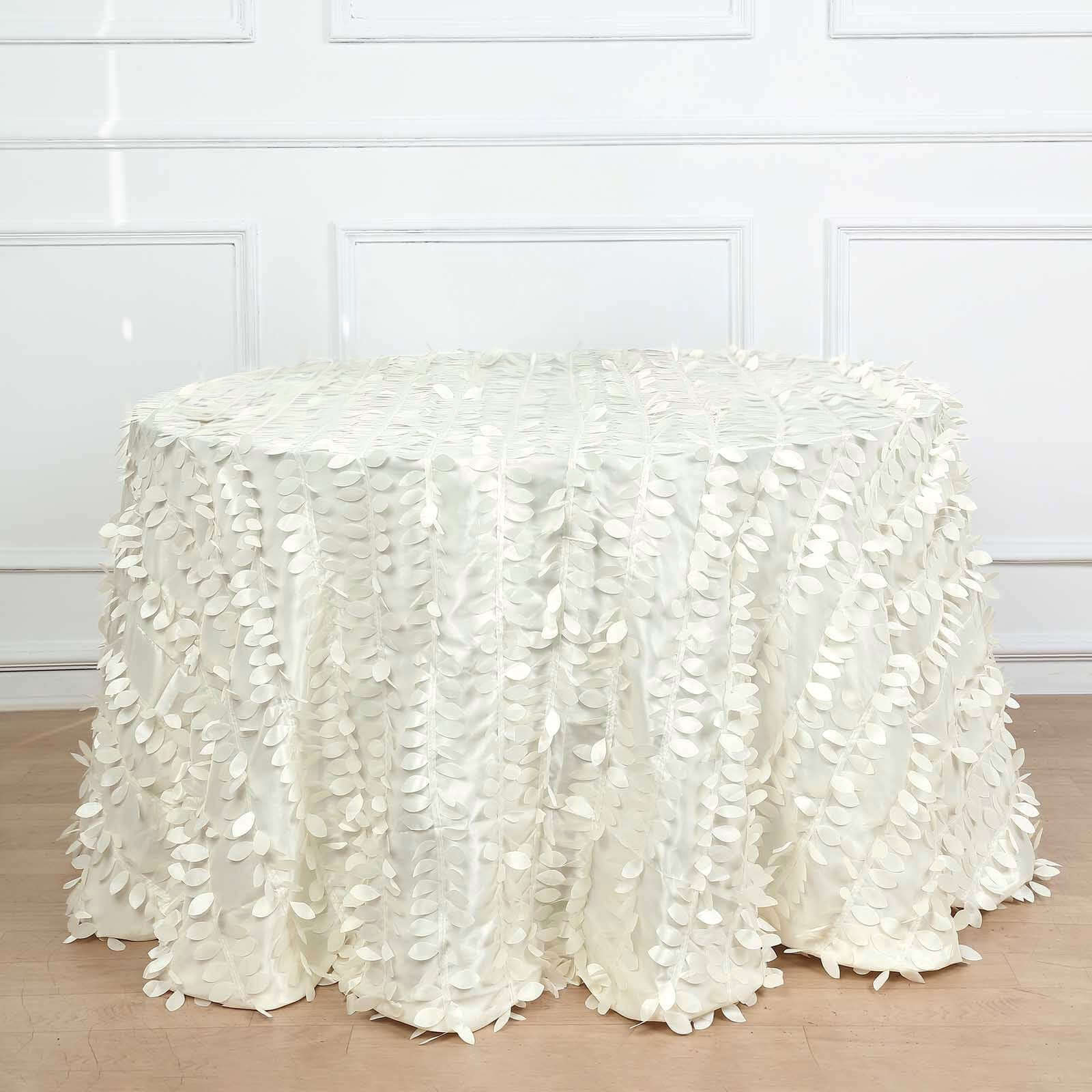 Taffeta 120" Round Tablecloth Ivory Leaf | 3D Leaf Petal Design Seamless Table Cover