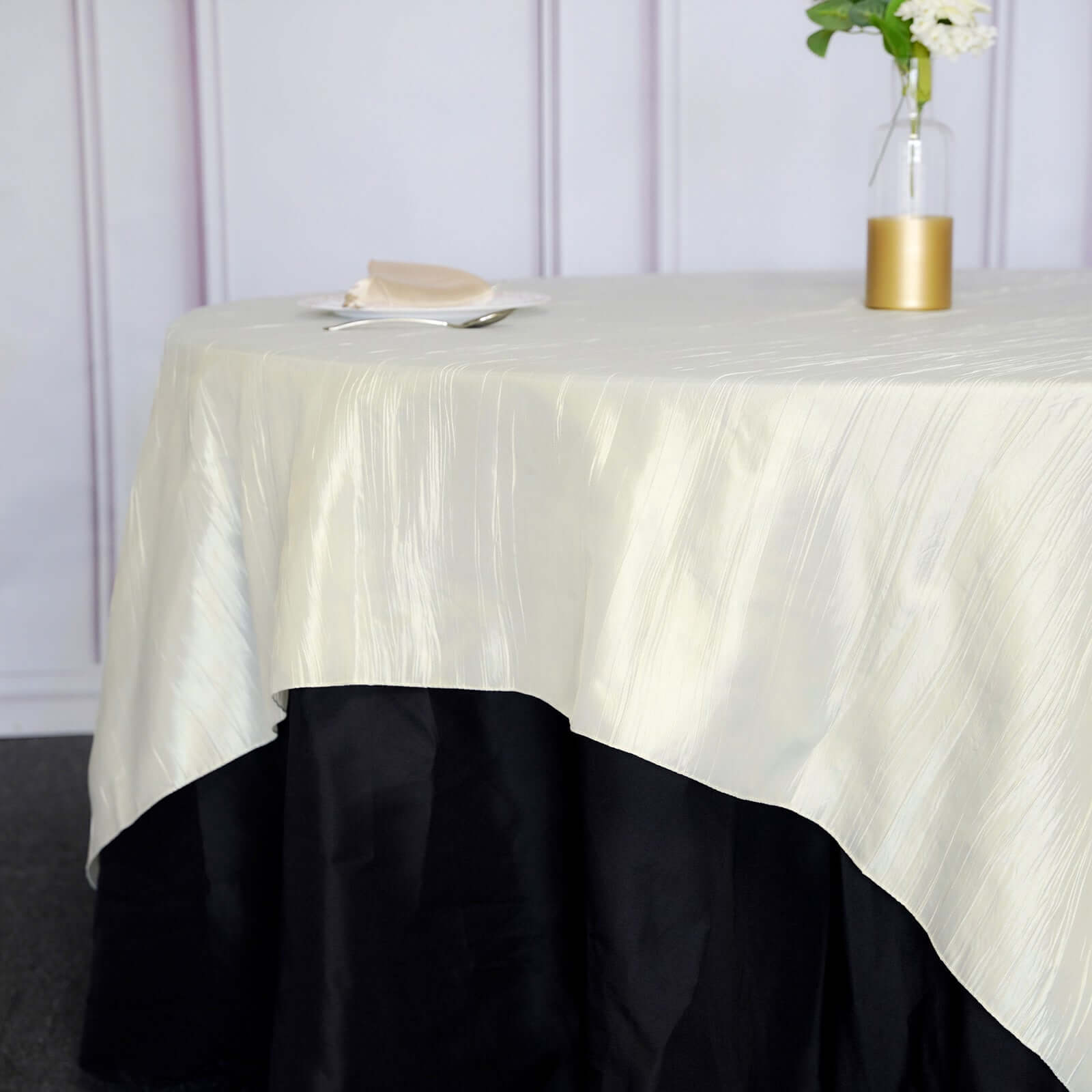 Taffeta 90"x90" Table Overlay Square Tablecloth Ivory - Accordion Crinkle Table Cover