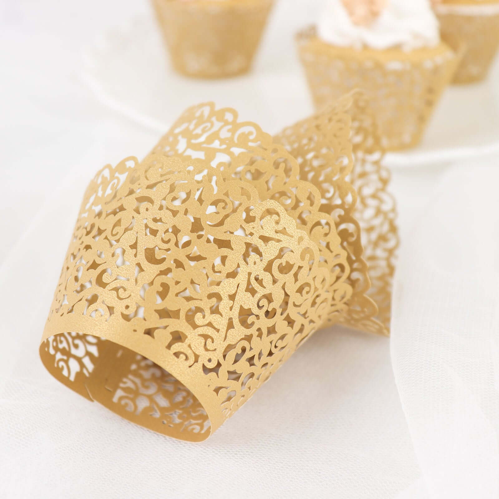 25-Pack Paper Cupcake Wrappers Lace Laser Cut Design Gold - Muffin Baking Cup Trays for Events
