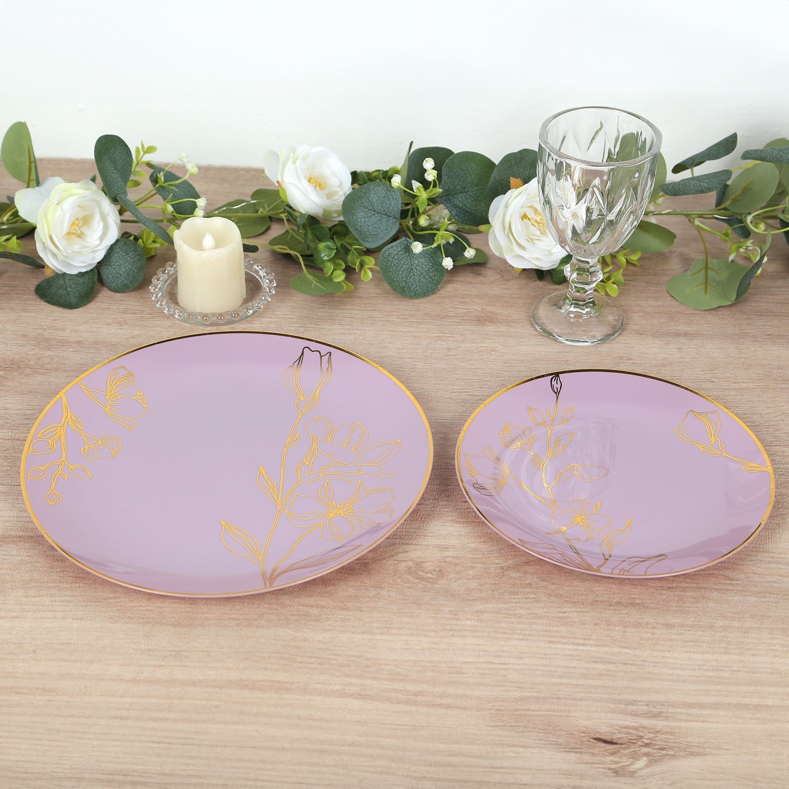 Set of 20 Plastic Round Dinner and Dessert Plates in Lavender Lilac with Metallic Gold Floral Design - Stylish Disposable Dinnerware 8", 10"