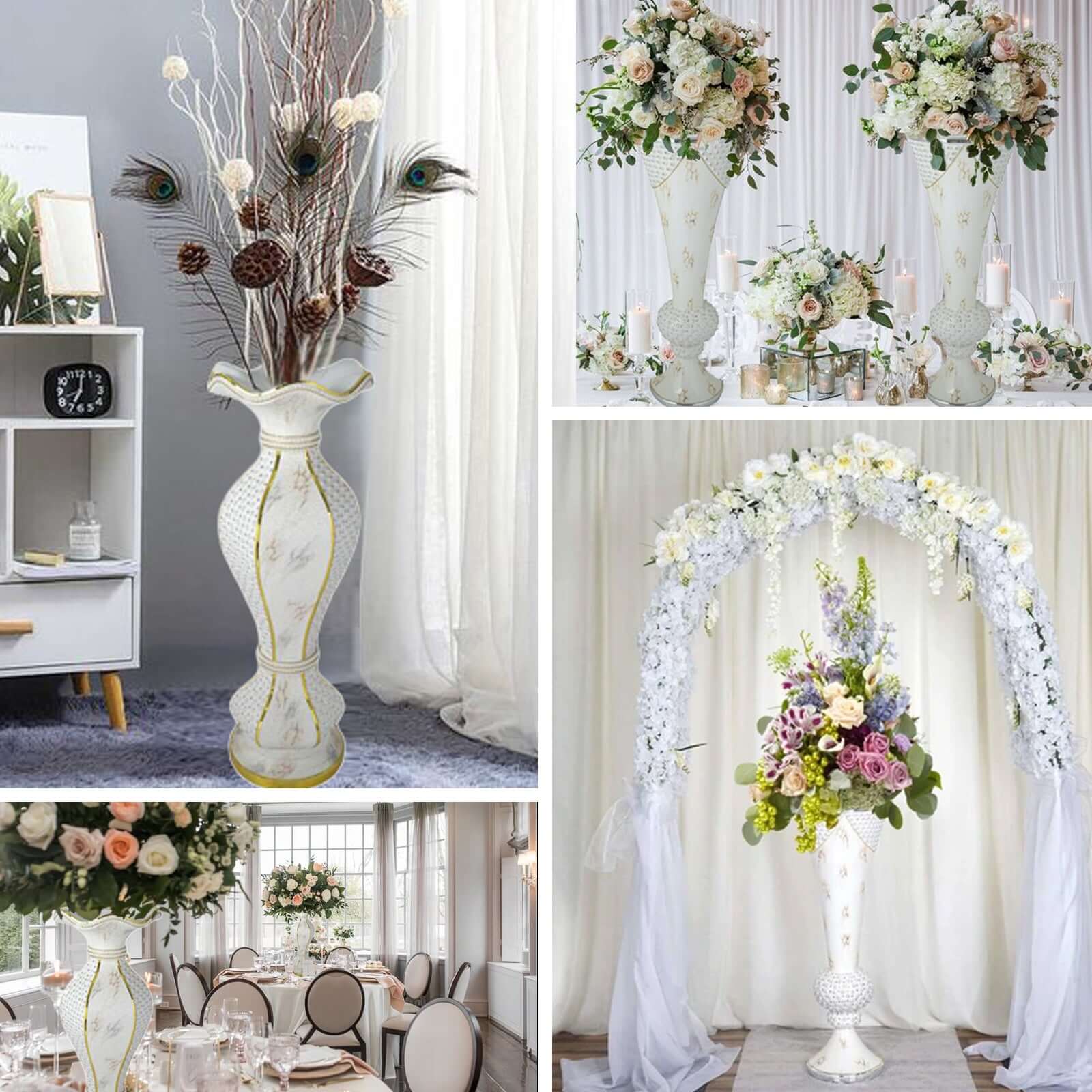 40" Shimmering Gold Glittered Marble Design Flower Pot Vase With Pearls and Mirror Mosaic Embellishment